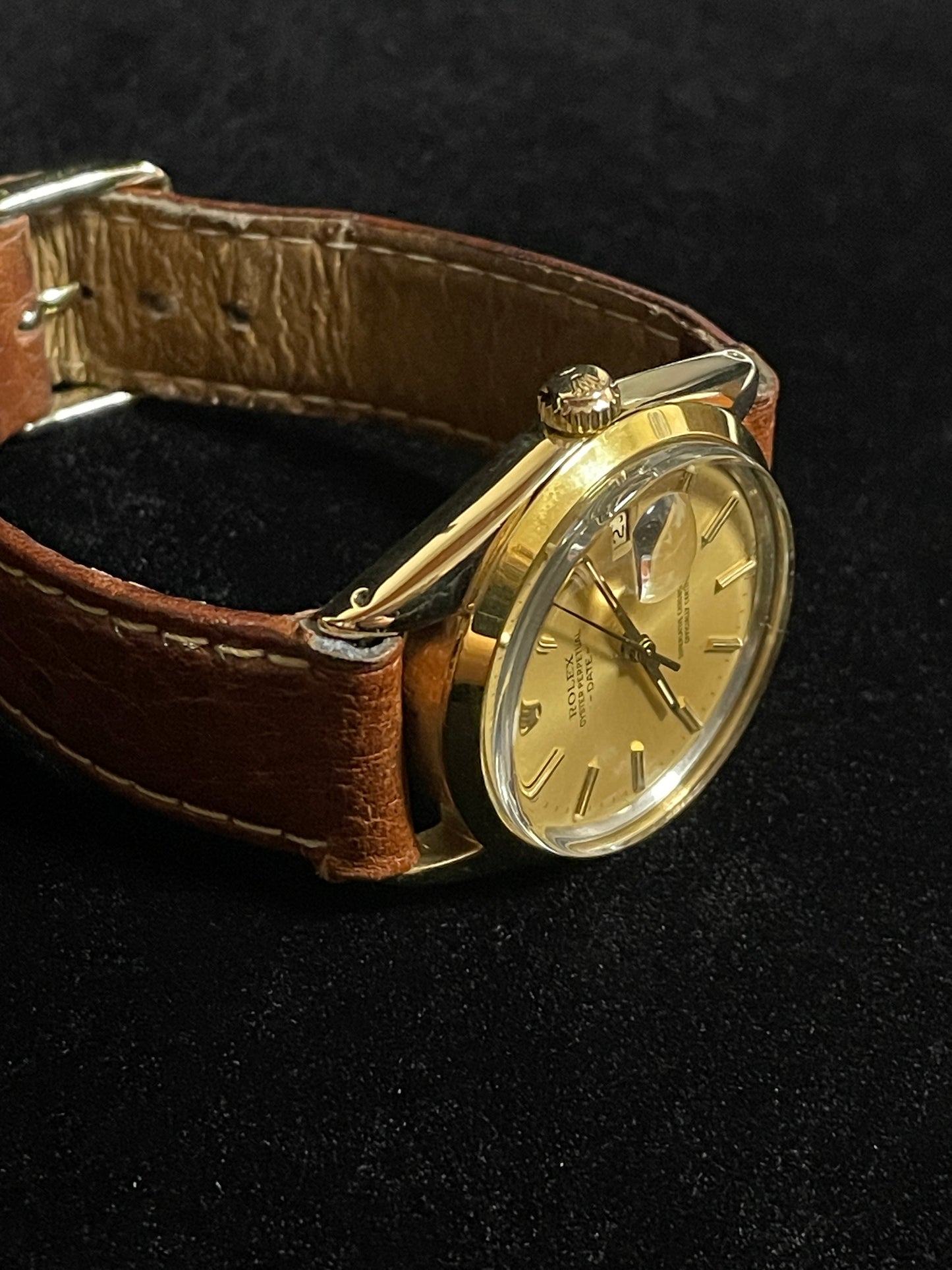 1984 Rolex Date 15505 Champagne Stick Gold Shell Brown Leather Strap 34mm