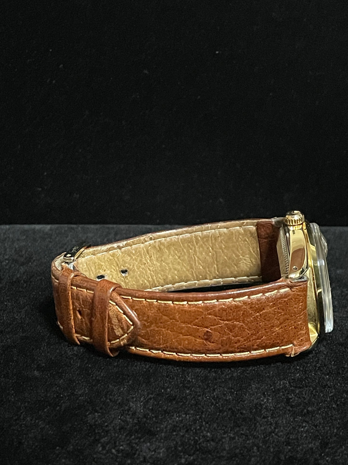 1984 Rolex Date 15505 Champagne Stick Gold Shell Brown Leather Strap 34mm