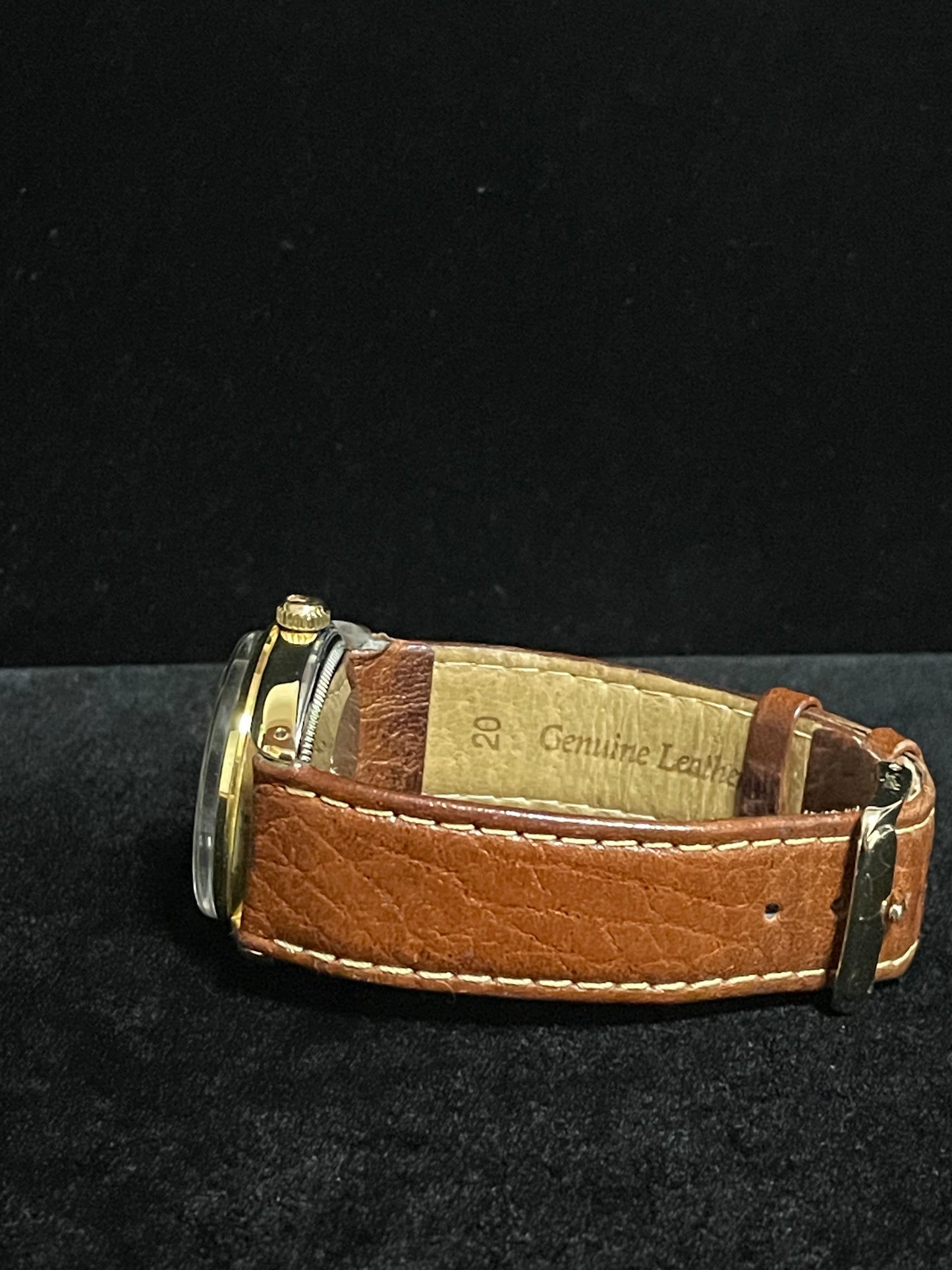 1984 Rolex Date 15505 Champagne Stick Gold Shell Brown Leather Strap 34mm