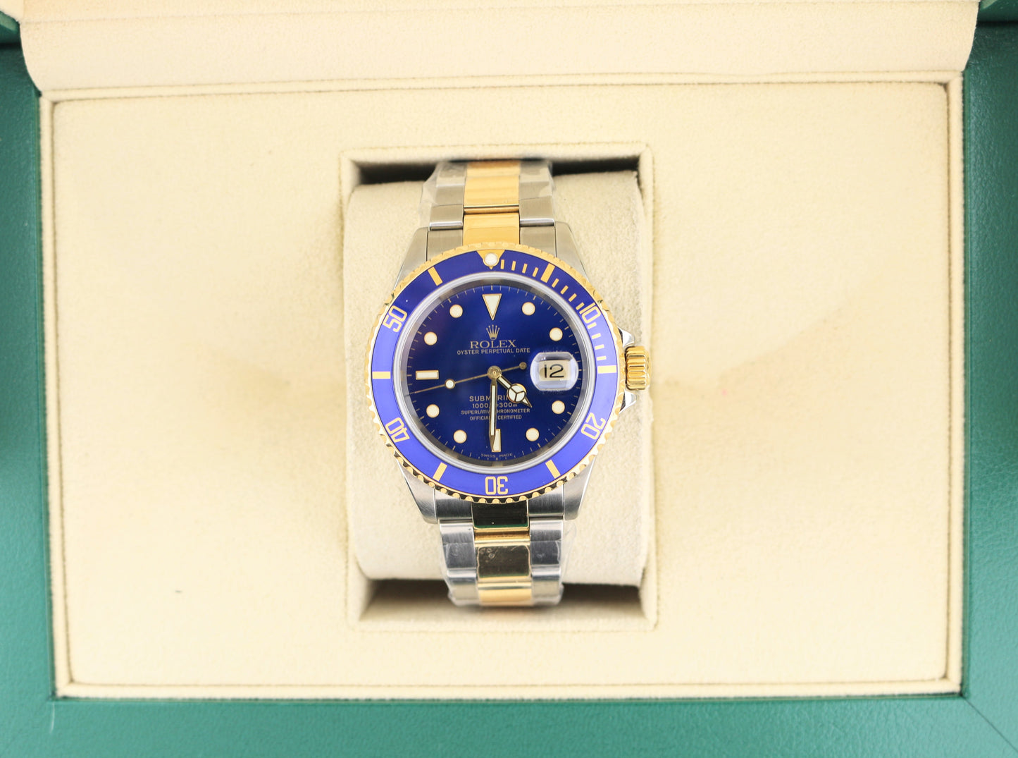 2000 Rolex Submariner 16613 Blue Dial TT Oyster Gold Thru Buckle No Papers 40mm