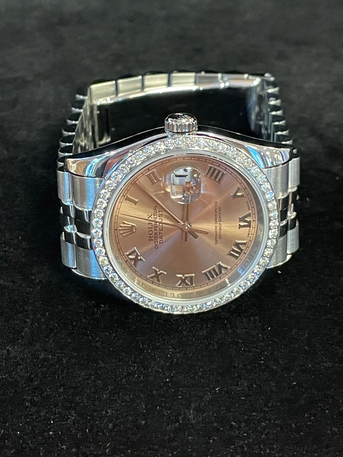 2007 Rolex Datejust 116234 Pink Roman Dial Diamond Bezel SS Jubilee 36mm