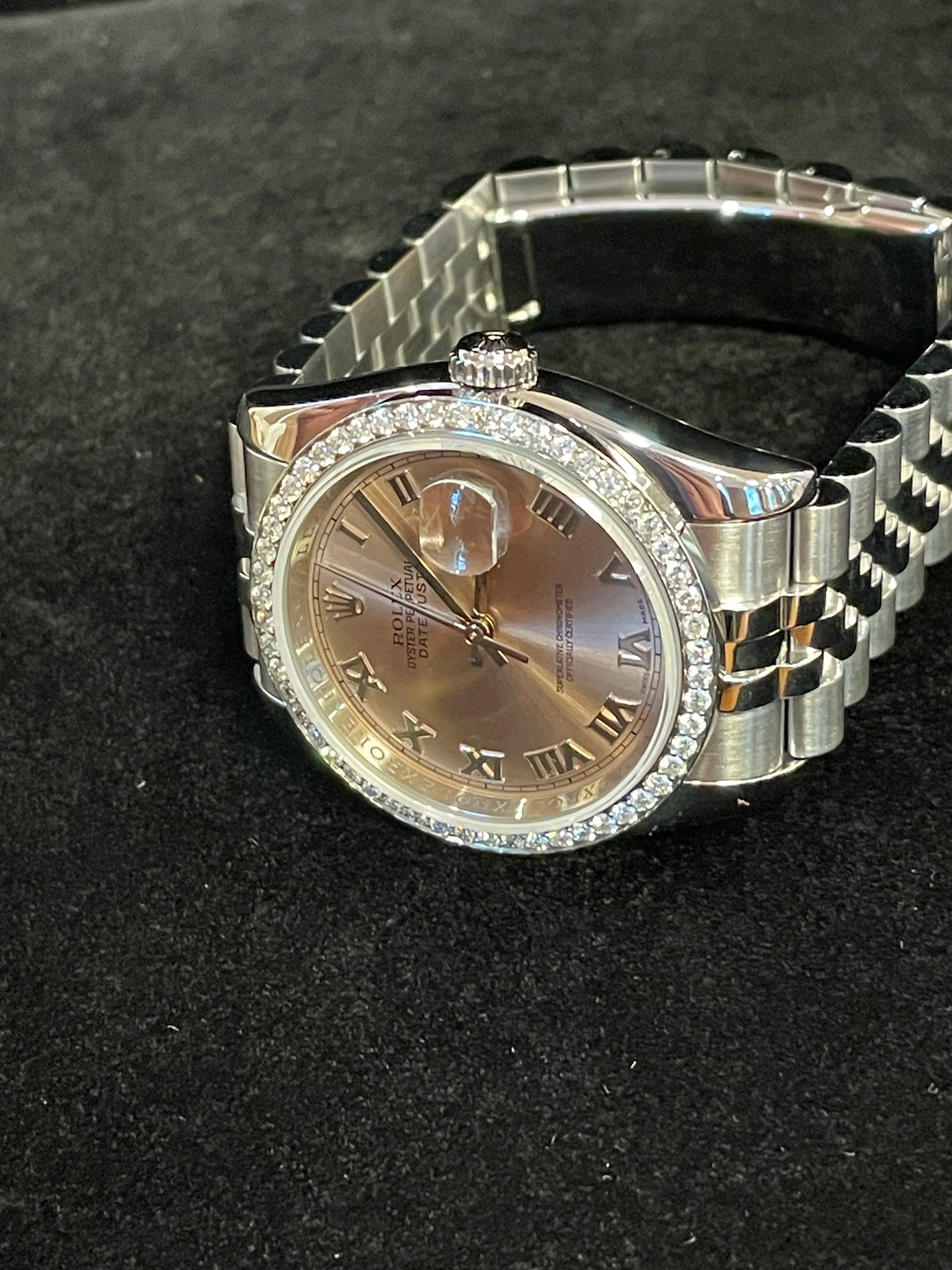 2007 Rolex Datejust 116234 Pink Roman Dial Diamond Bezel SS Jubilee 36mm