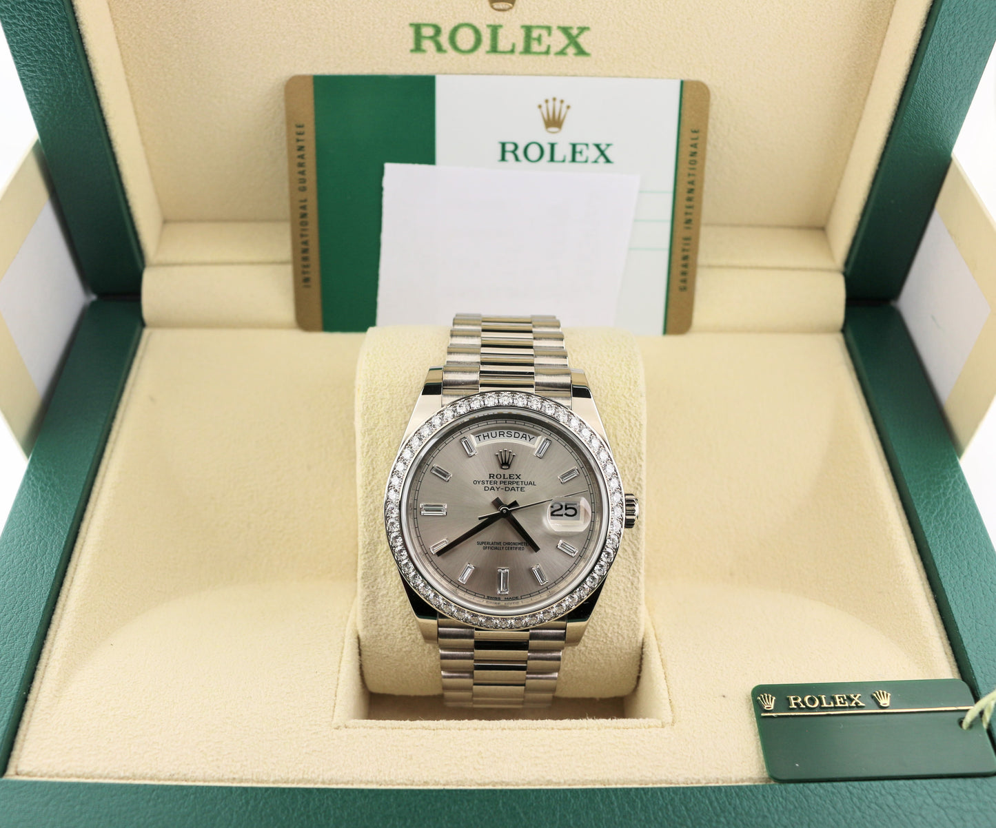 2015 Rolex Day-Date 228349RBR Baguette Diam Dial + Bezel 18kt President WG 40mm
