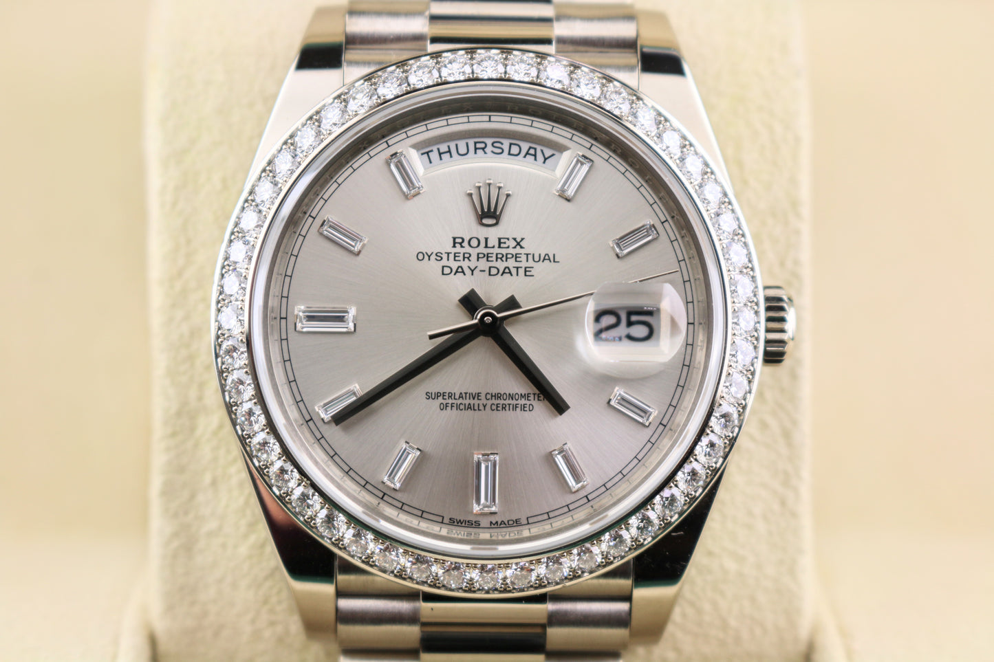 2015 Rolex Day-Date 228349RBR Baguette Diam Dial + Bezel 18kt President WG 40mm