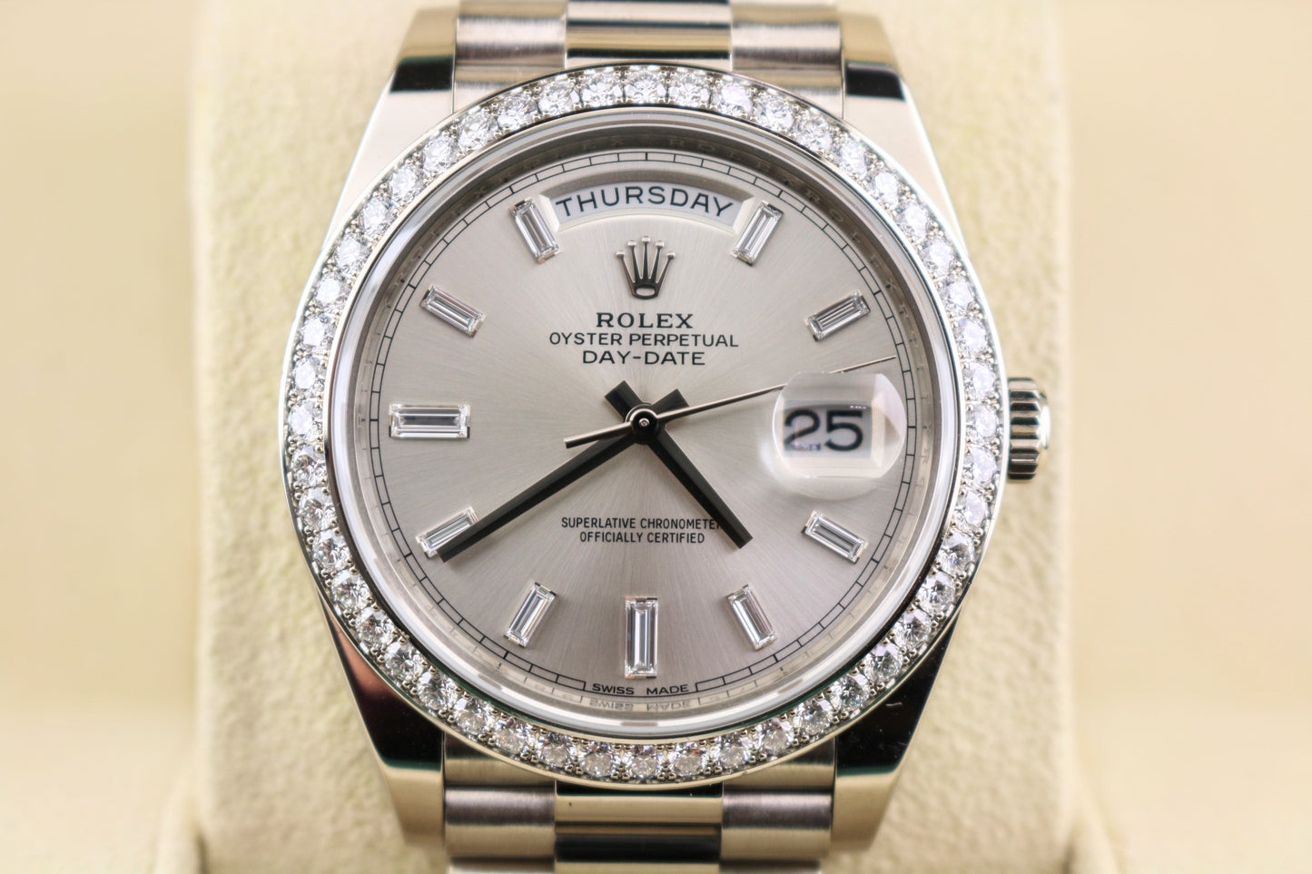 2015 Rolex Day-Date 228349RBR Baguette Diam Dial + Bezel 18kt President WG 40mm