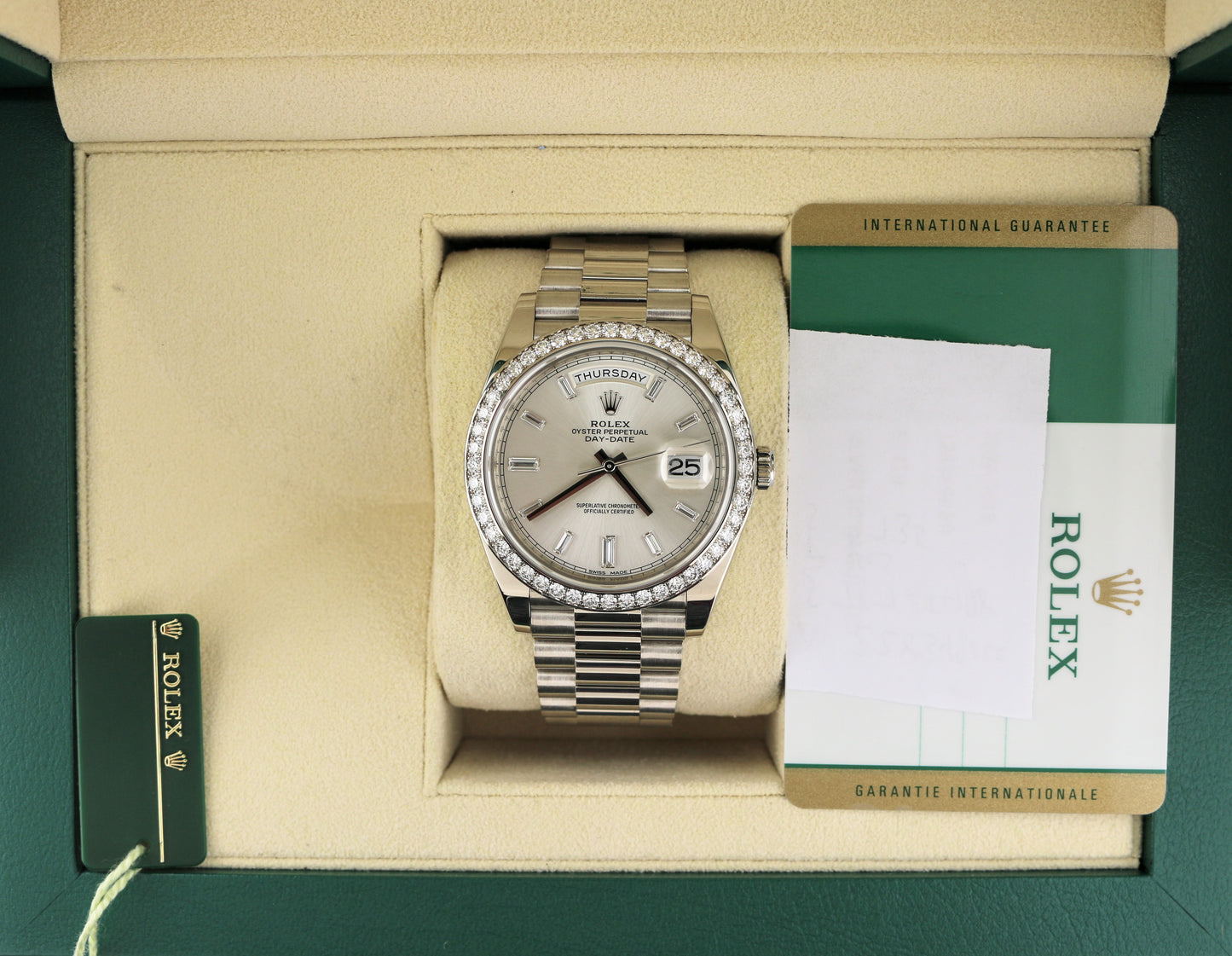 2015 Rolex Day-Date 228349RBR Baguette Diam Dial + Bezel 18kt President WG 40mm