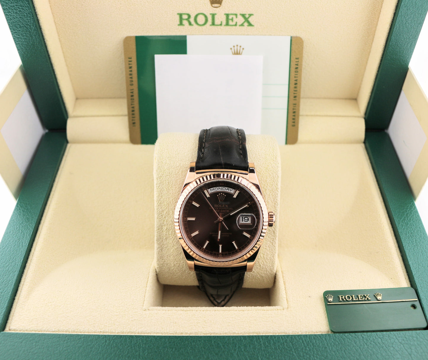 2015 Rolex Day-Date 118135 Chocolate Dial 18kt RG Leather Strap With Papers 36mm
