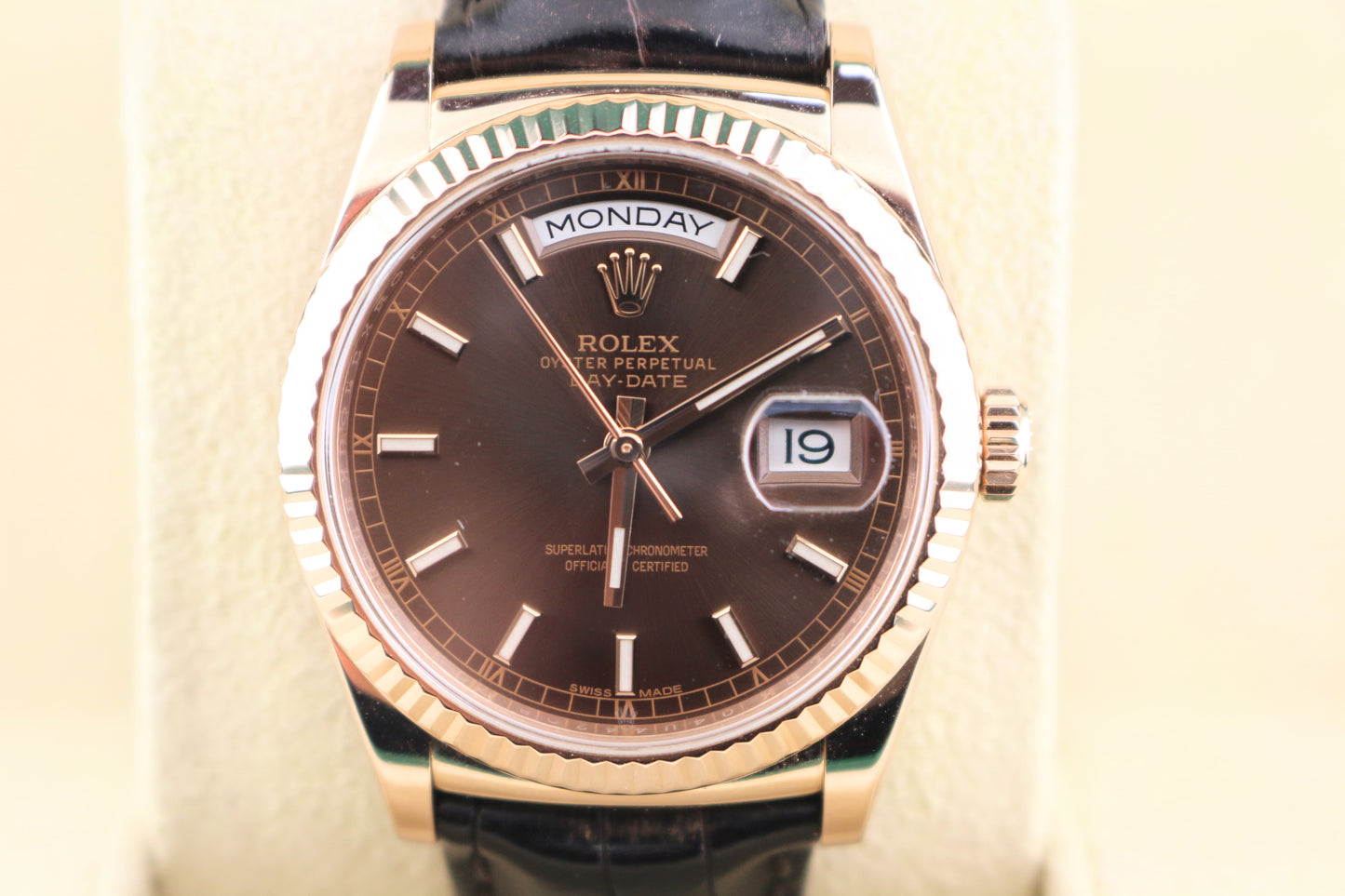 2015 Rolex Day-Date 118135 Chocolate Dial 18kt RG Leather Strap With Papers 36mm