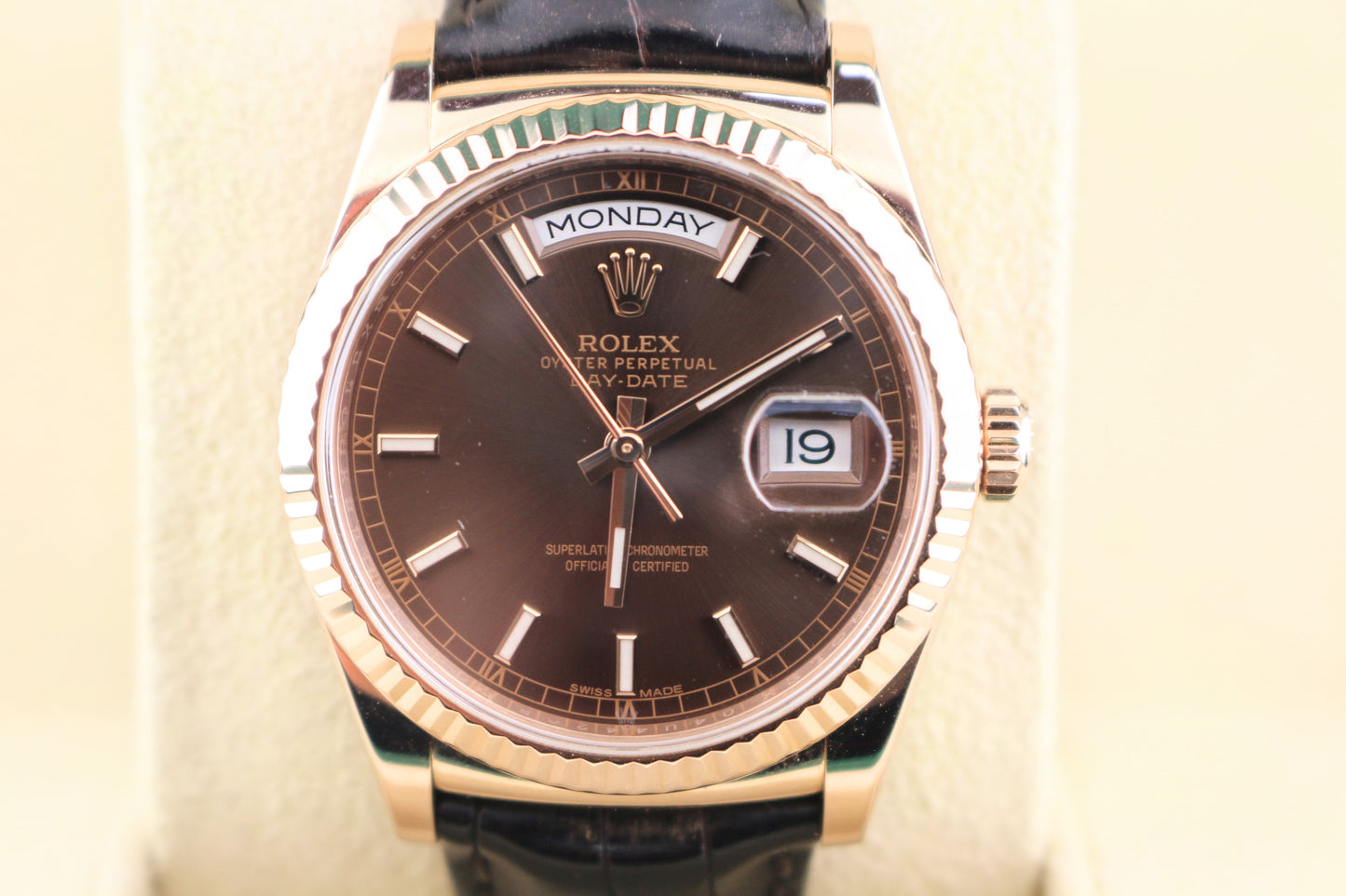 2015 Rolex Day-Date 118135 Chocolate Dial 18kt RG Leather Strap With Papers 36mm