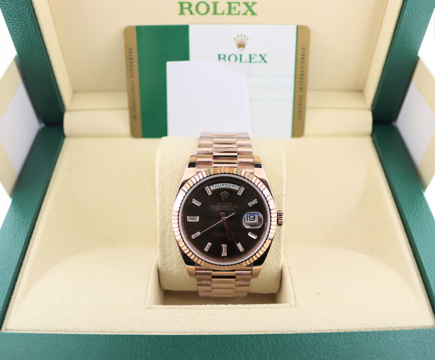 2016 Rolex Day-Date 228235 Chocolate Baguette Dial 18kt President W Papers 40mm