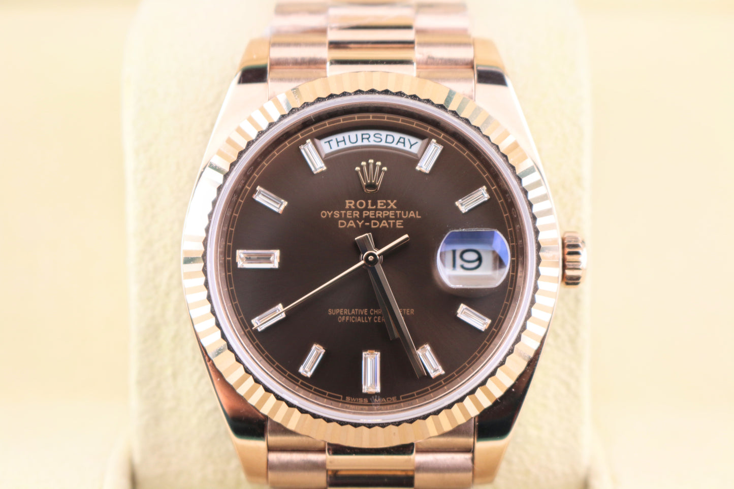 2016 Rolex Day-Date 228235 Chocolate Baguette Dial 18kt President W Papers 40mm