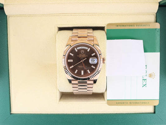 2016 Rolex Day-Date 228235 Chocolate Baguette Dial 18kt President W Papers 40mm