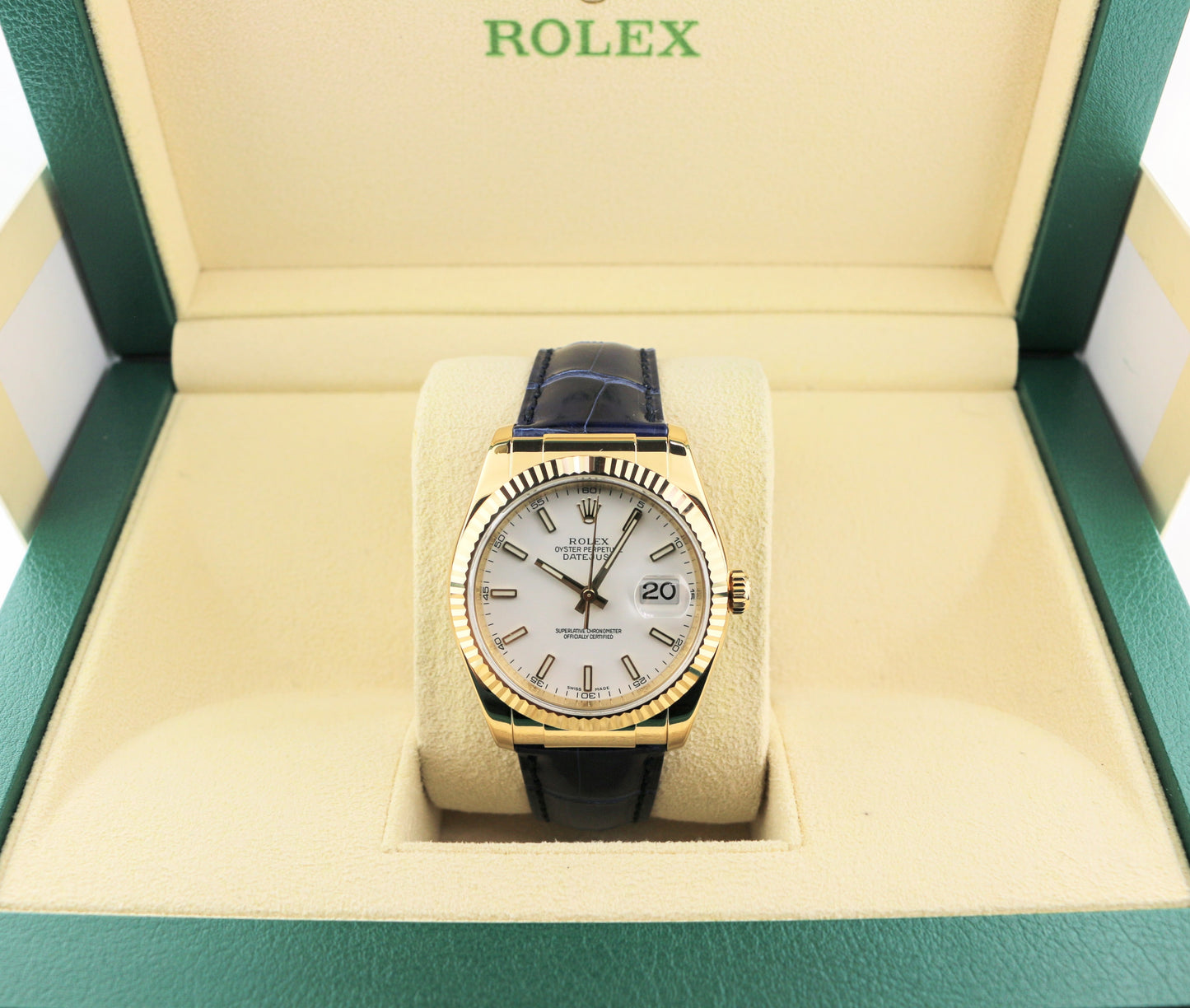 2006 Rolex Datejust 116138 White Dial Blue Leather Strap 18kt YG No Papers 36mm