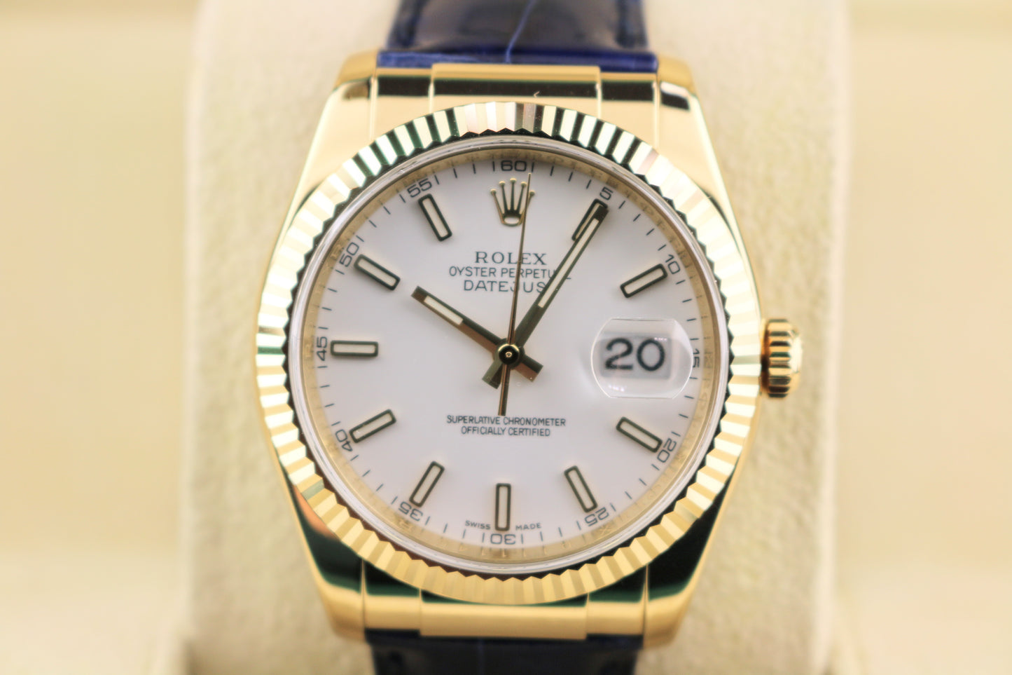 2006 Rolex Datejust 116138 White Dial Blue Leather Strap 18kt YG No Papers 36mm
