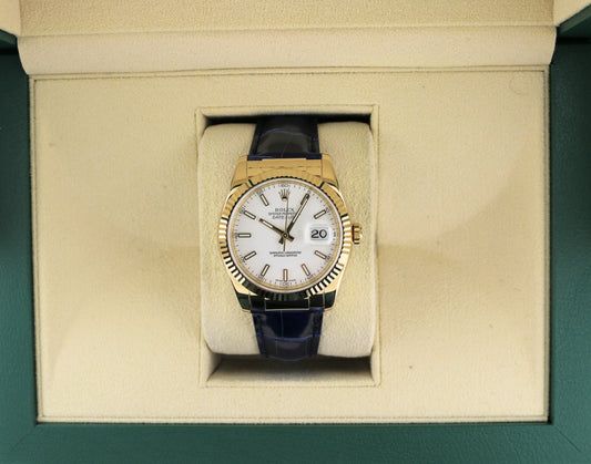 2006 Rolex Datejust 116138 White Dial Blue Leather Strap 18kt YG No Papers 36mm