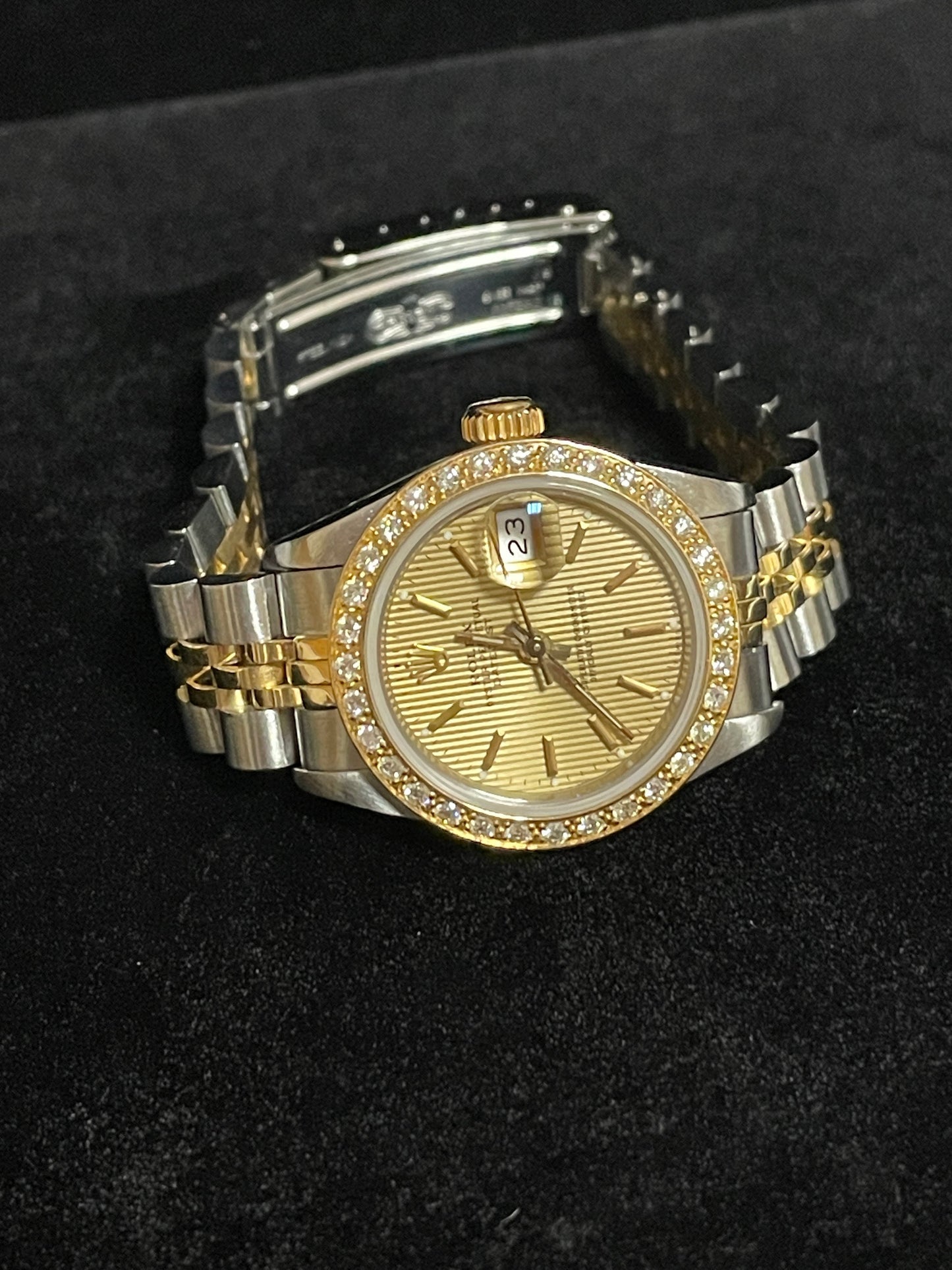 Rolex Ladies Datejust 69173 Champ Tapestry Dial Diamond Bezel TT 18k Jubilee 26m