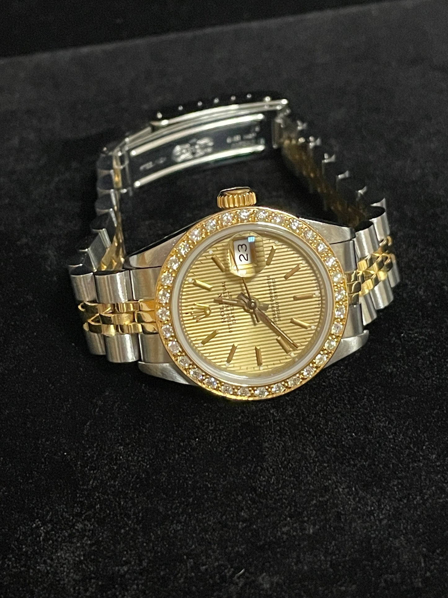 Rolex Ladies Datejust 69173 Champ Tapestry Dial Diamond Bezel TT 18k Jubilee 26m