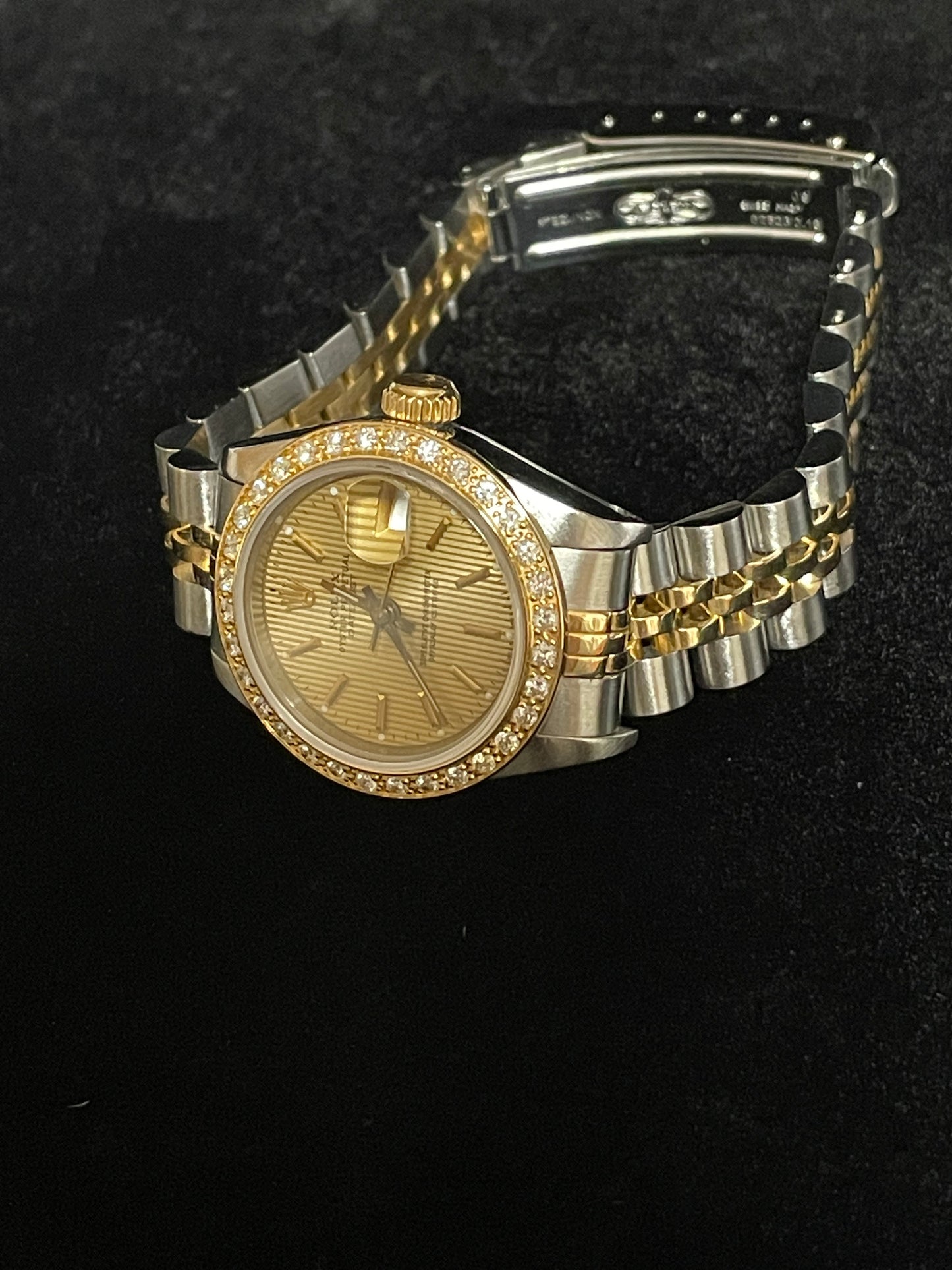 Rolex Ladies Datejust 69173 Champ Tapestry Dial Diamond Bezel TT 18k Jubilee 26m