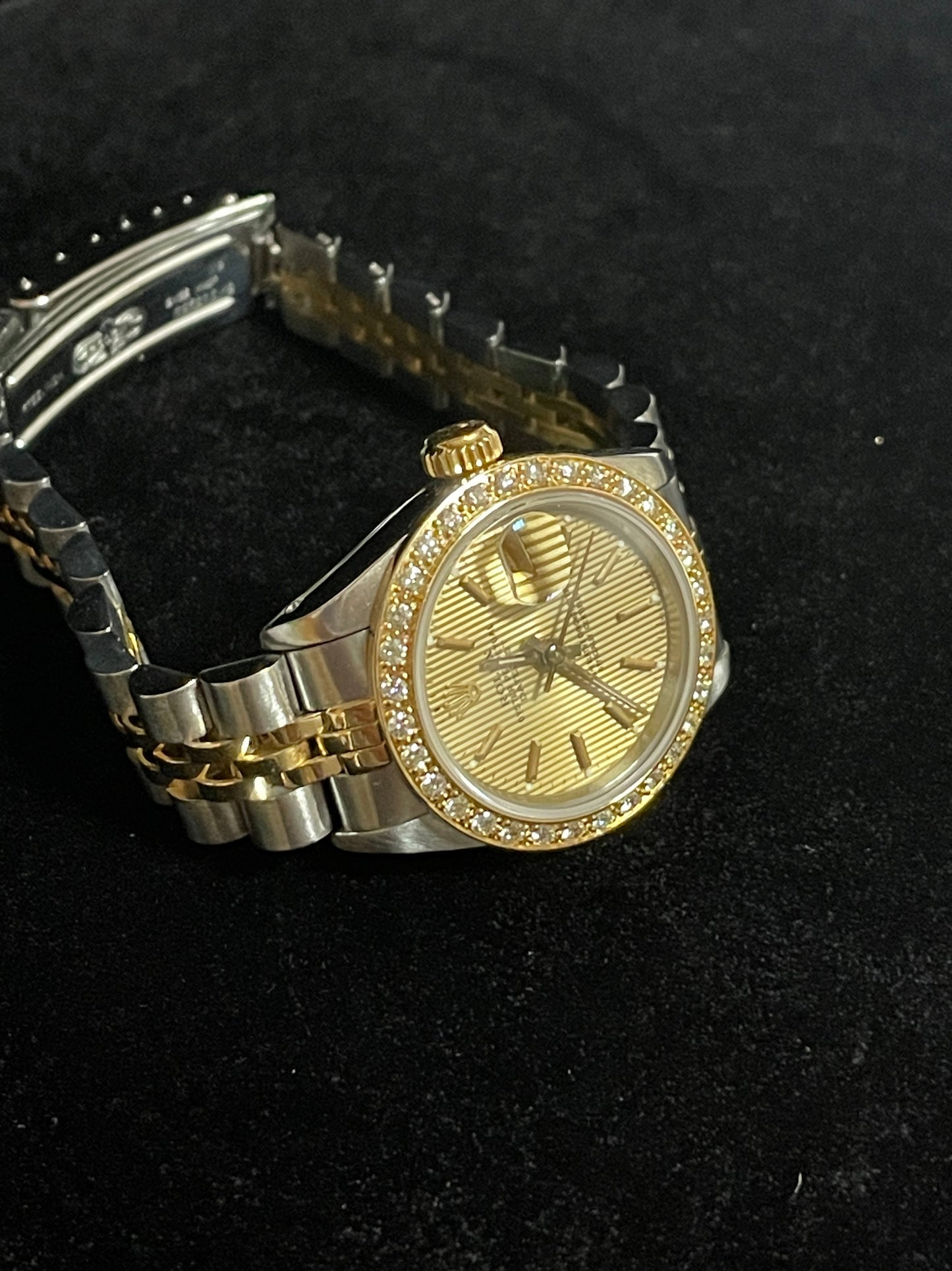Rolex Ladies Datejust 69173 Champ Tapestry Dial Diamond Bezel TT 18k Jubilee 26m