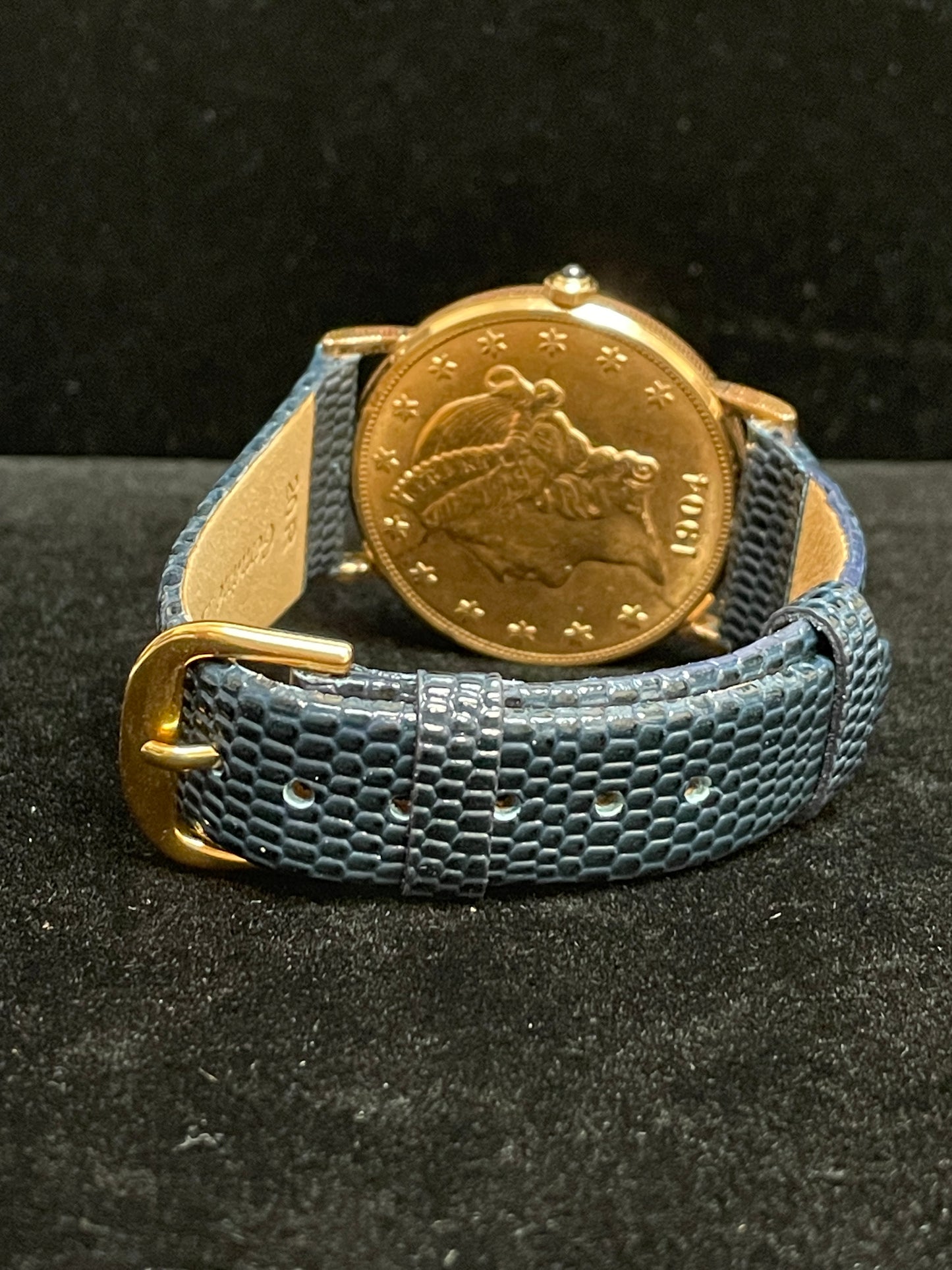Corum Mens Double Eagle $20 Coin Quartz Yellow Gold Blue Leather Strap 35mm