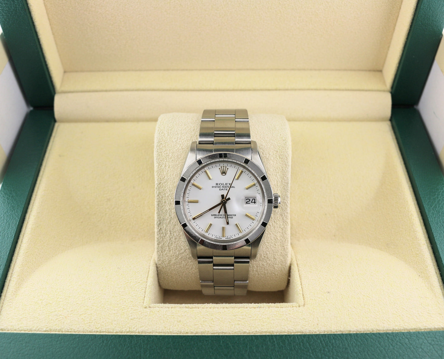 1984 Rolex Date 15010 White Dial Engine Turned Bezel SS Oyster No Papers 34mm