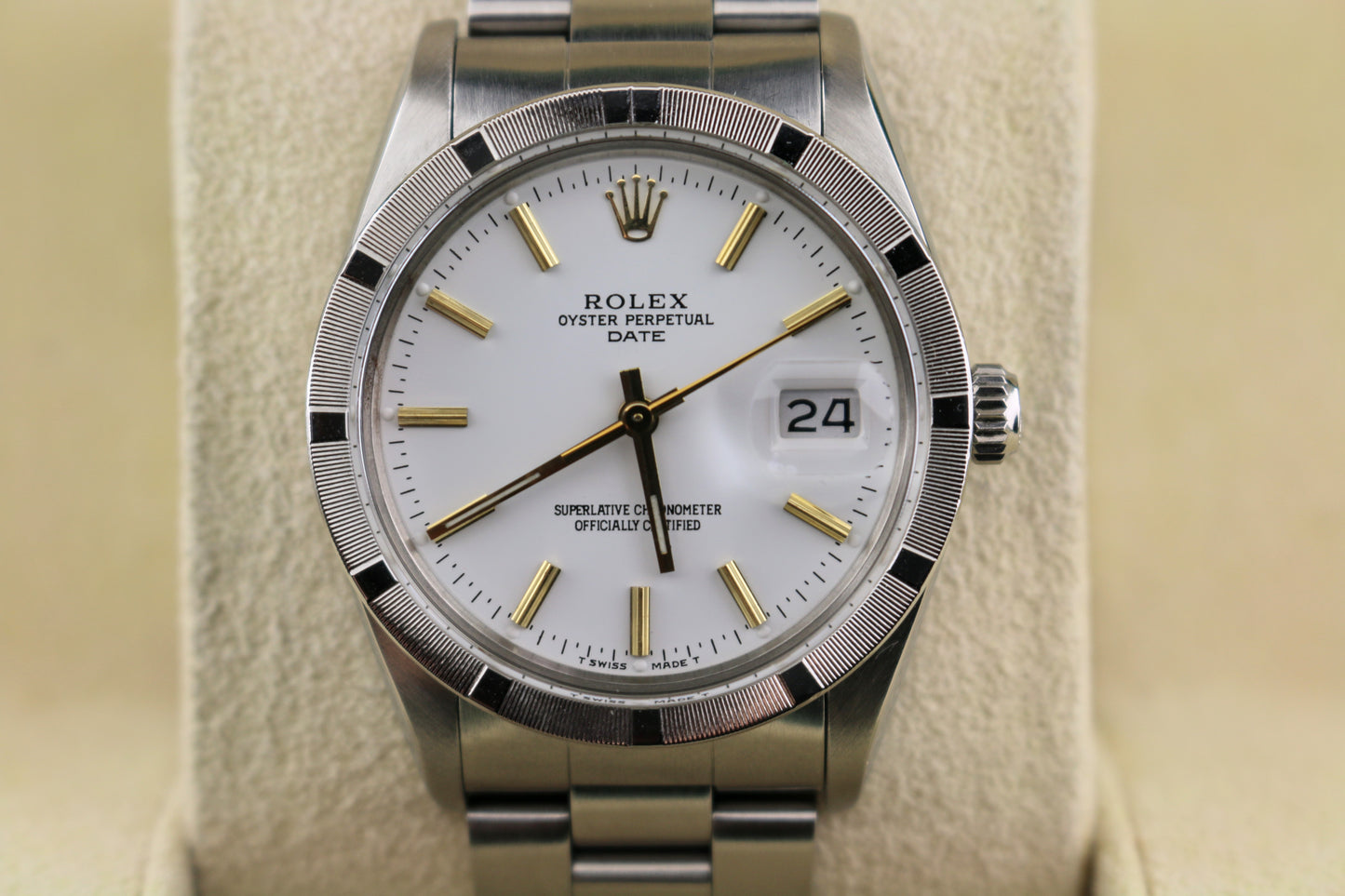 1984 Rolex Date 15010 White Dial Engine Turned Bezel SS Oyster No Papers 34mm