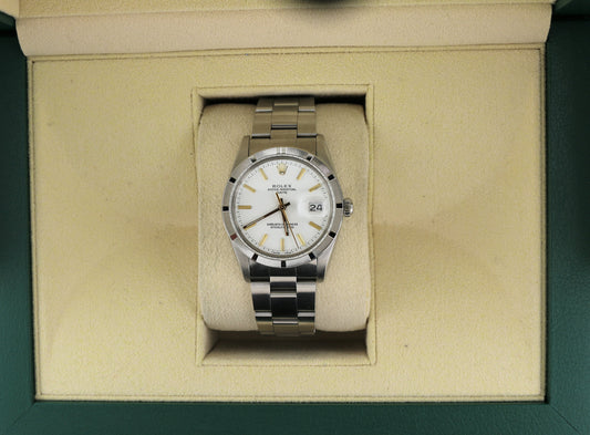 1984 Rolex Date 15010 White Dial Engine Turned Bezel SS Oyster No Papers 34mm