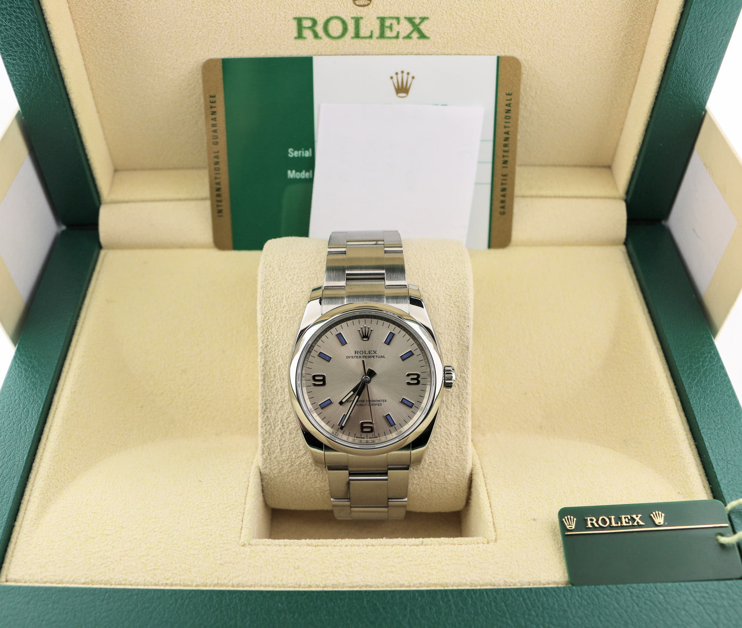 2015 Rolex Oyster Perpetual 114200 Silver Blue Dial SS Oyster With Papers 34mm