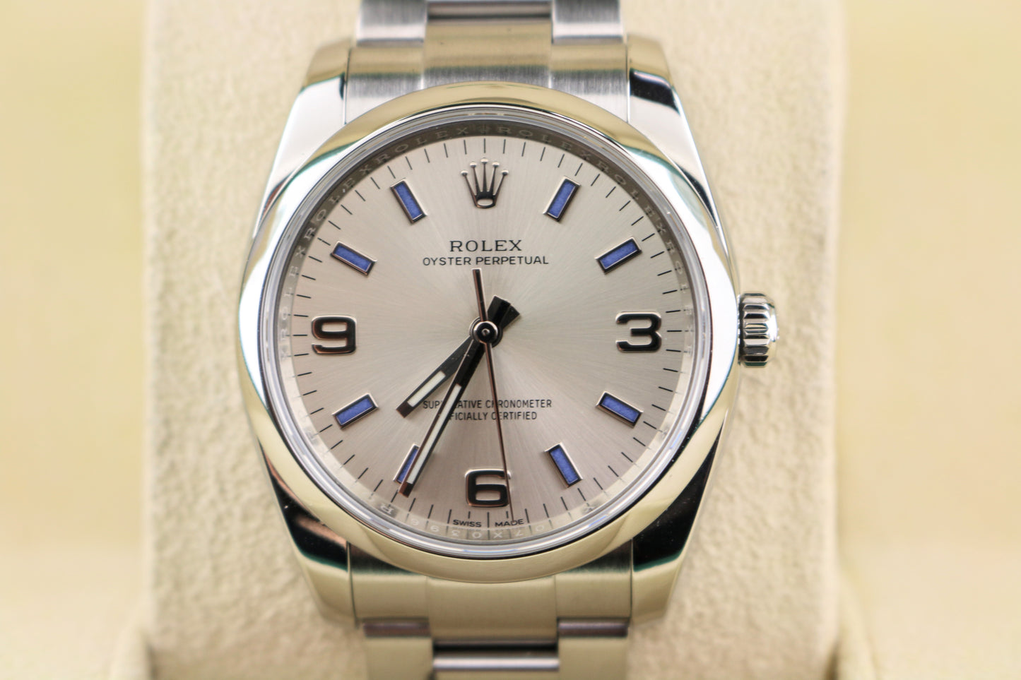 2015 Rolex Oyster Perpetual 114200 Silver Blue Dial SS Oyster With Papers 34mm