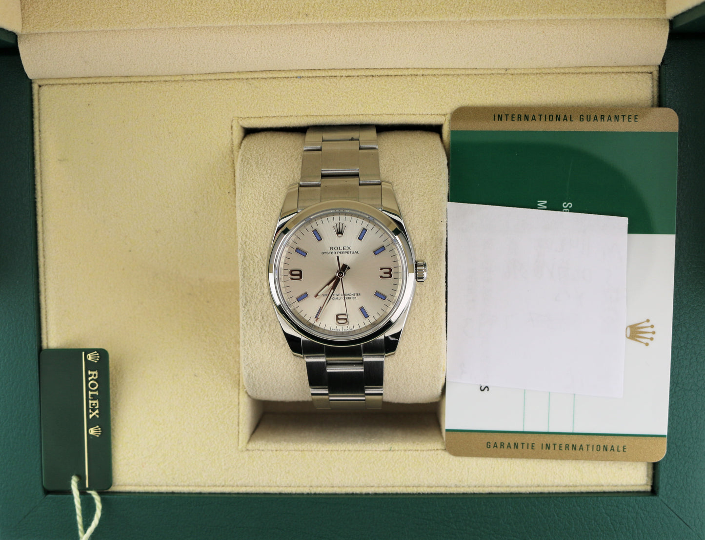 2015 Rolex Oyster Perpetual 114200 Silver Blue Dial SS Oyster With Papers 34mm