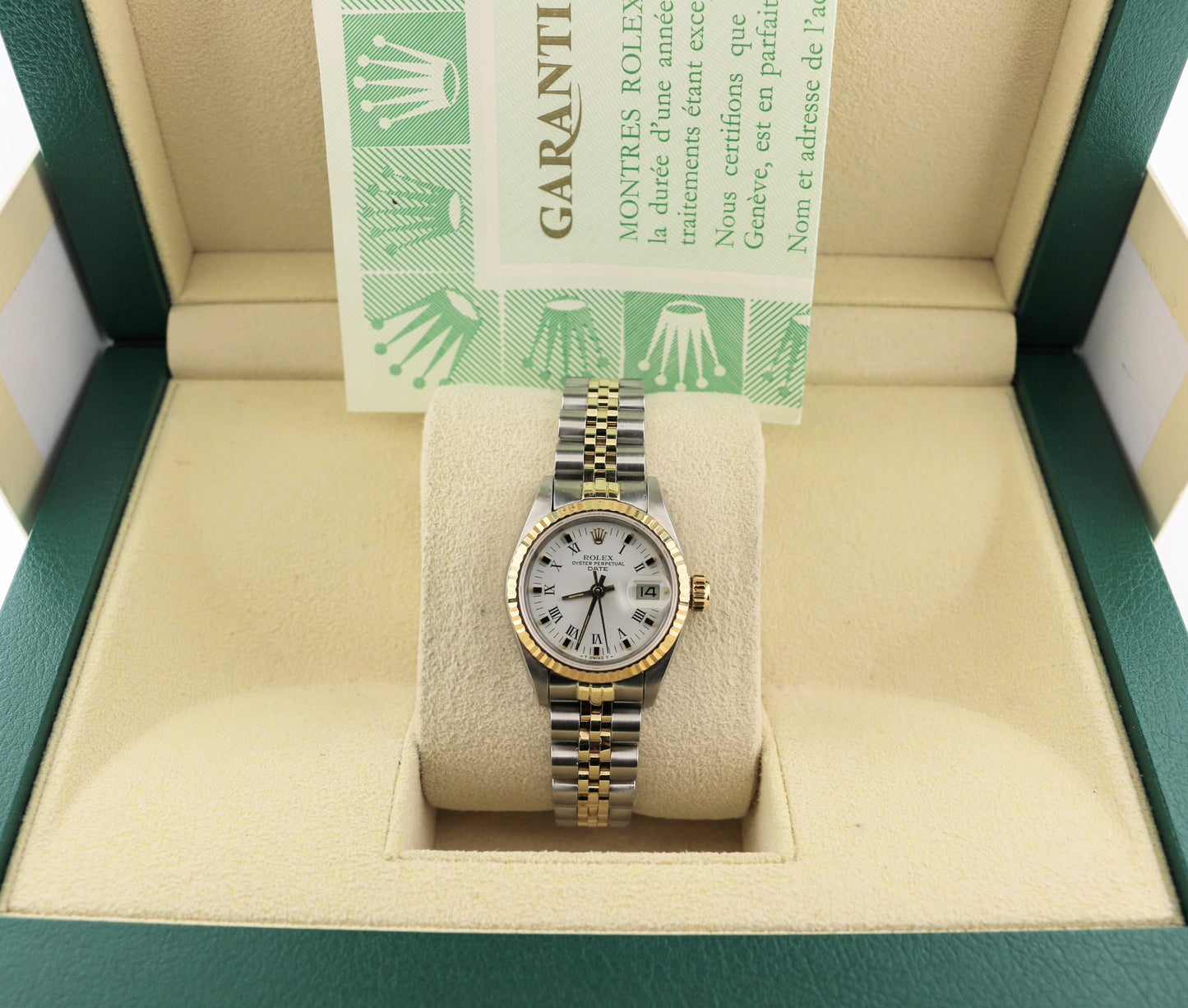 Rolex Ladies Date 69173 White Roman Dial Two-Tone Gold Jubilee With Papers 26mm