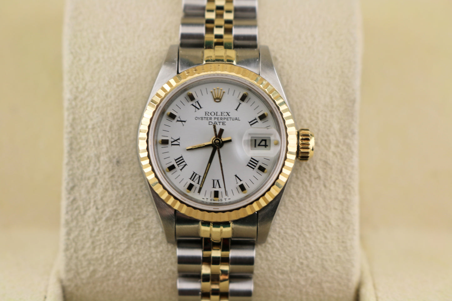 Rolex Ladies Date 69173 White Roman Dial Two-Tone Gold Jubilee With Papers 26mm