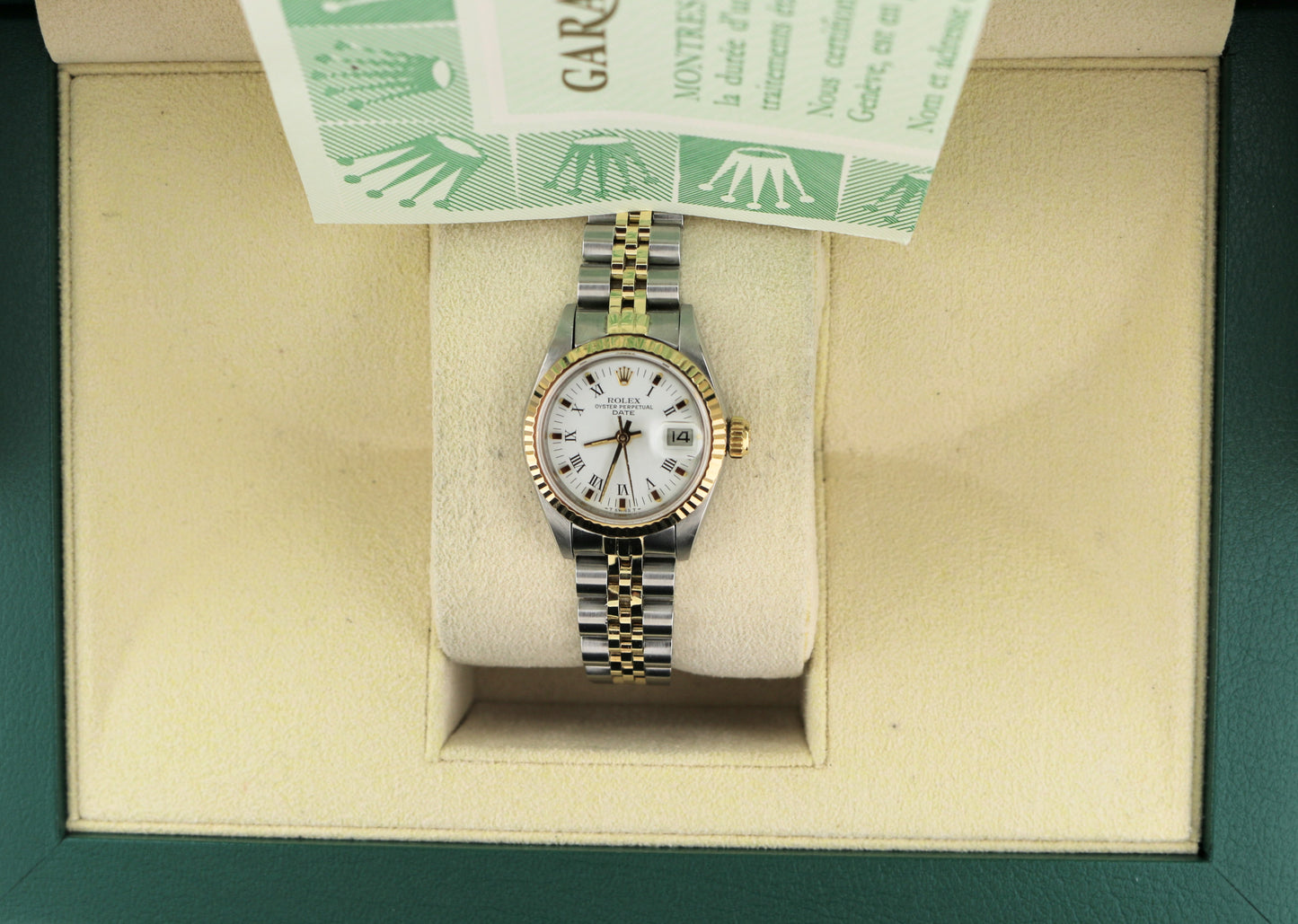 Rolex Ladies Date 69173 White Roman Dial Two-Tone Gold Jubilee With Papers 26mm