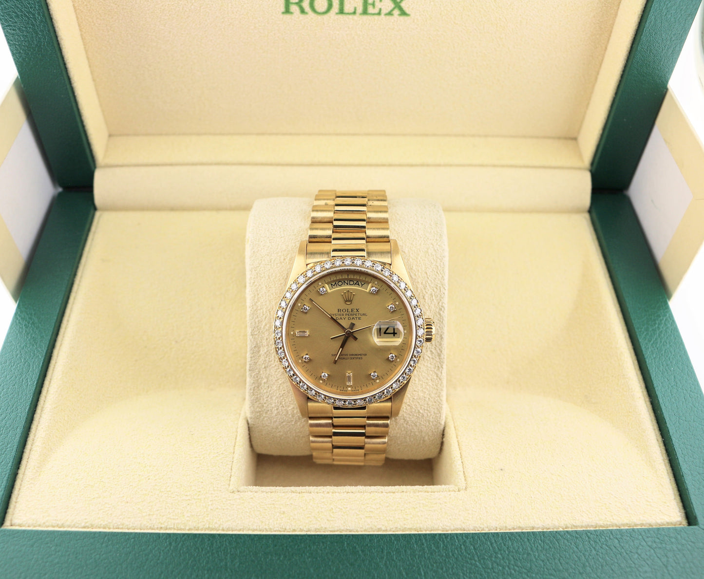 1988 Rolex Day-Date 18038 Diamond Dial Factory Diamond Bezel 18kt President 36mm
