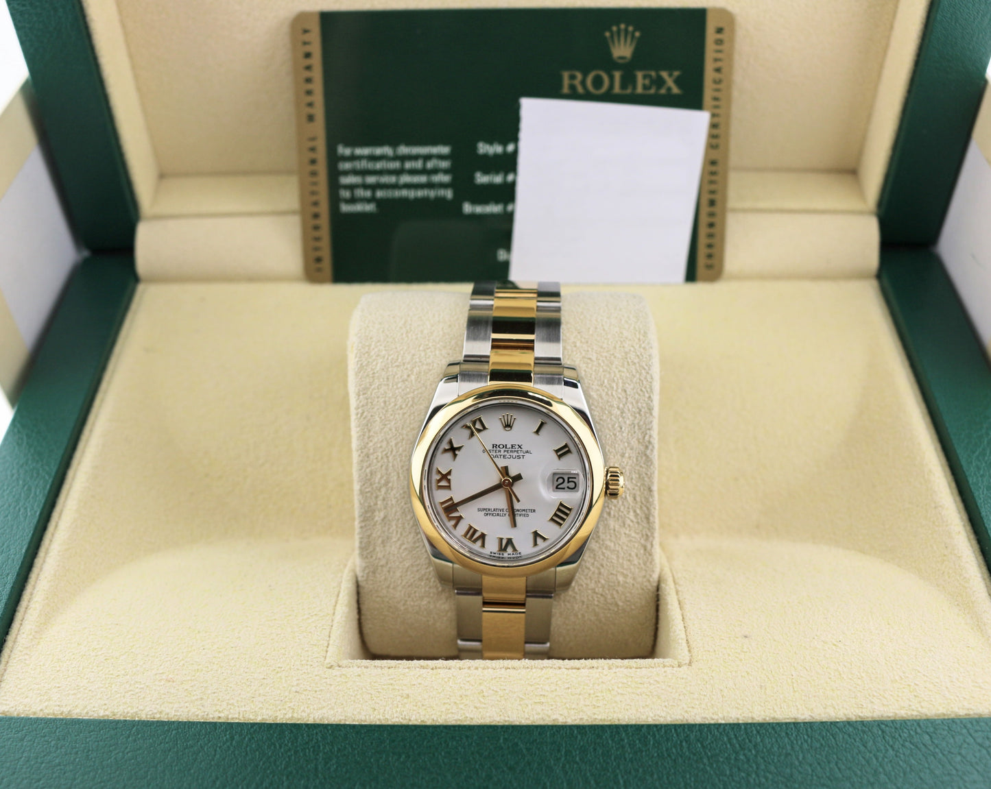 2014 Rolex Midsize Datejust 178243 White Roman Dial TT 18kt Oyster W Papers 31mm