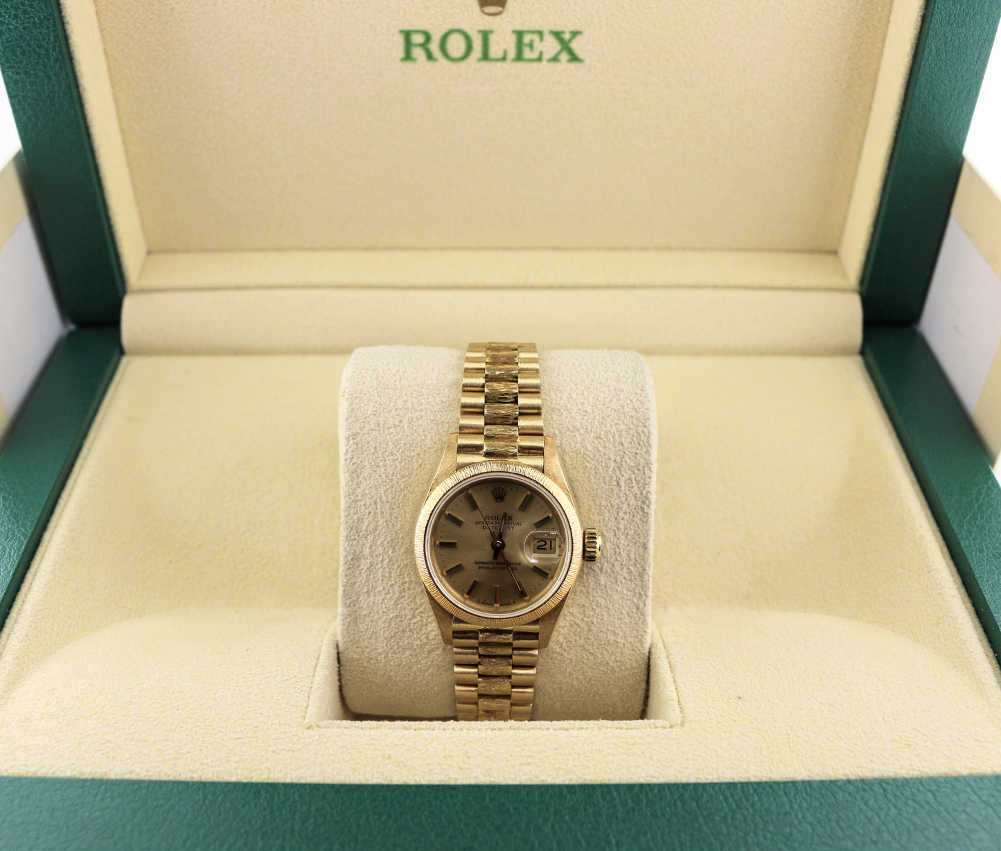 1986 Rolex Ladies Datejust President Bark 69178 Champagne Dial 18kt YG 26mm