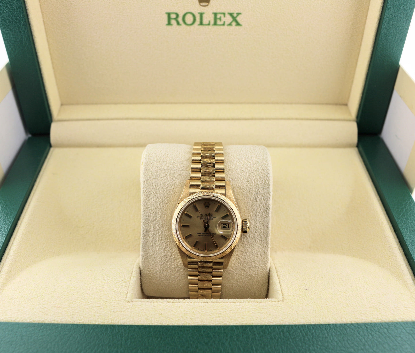 1986 Rolex Ladies Datejust President Bark 69178 Champagne Dial 18kt YG 26mm