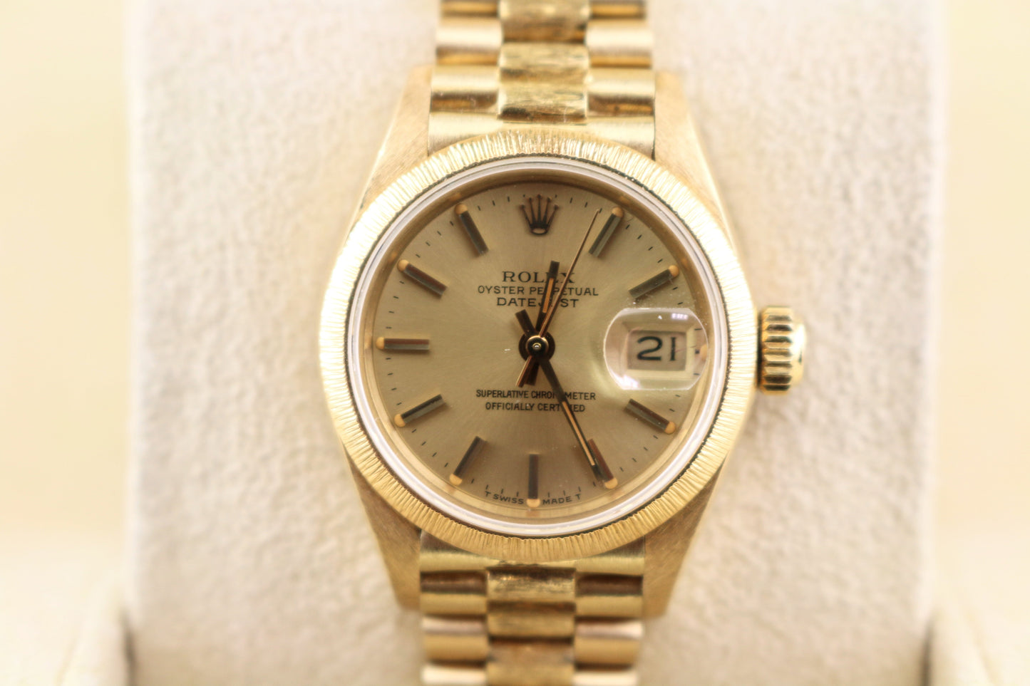 1986 Rolex Ladies Datejust President Bark 69178 Champagne Dial 18kt YG 26mm