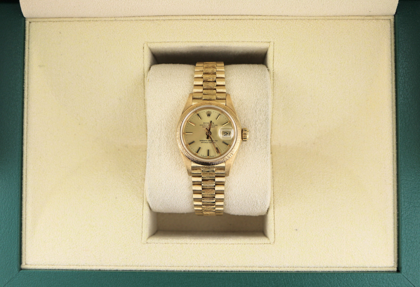 1986 Rolex Ladies Datejust President Bark 69178 Champagne Dial 18kt YG 26mm