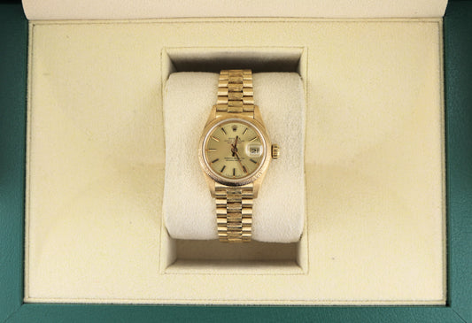 1986 Rolex Ladies Datejust President Bark 69178 Champagne Dial 18kt YG 26mm