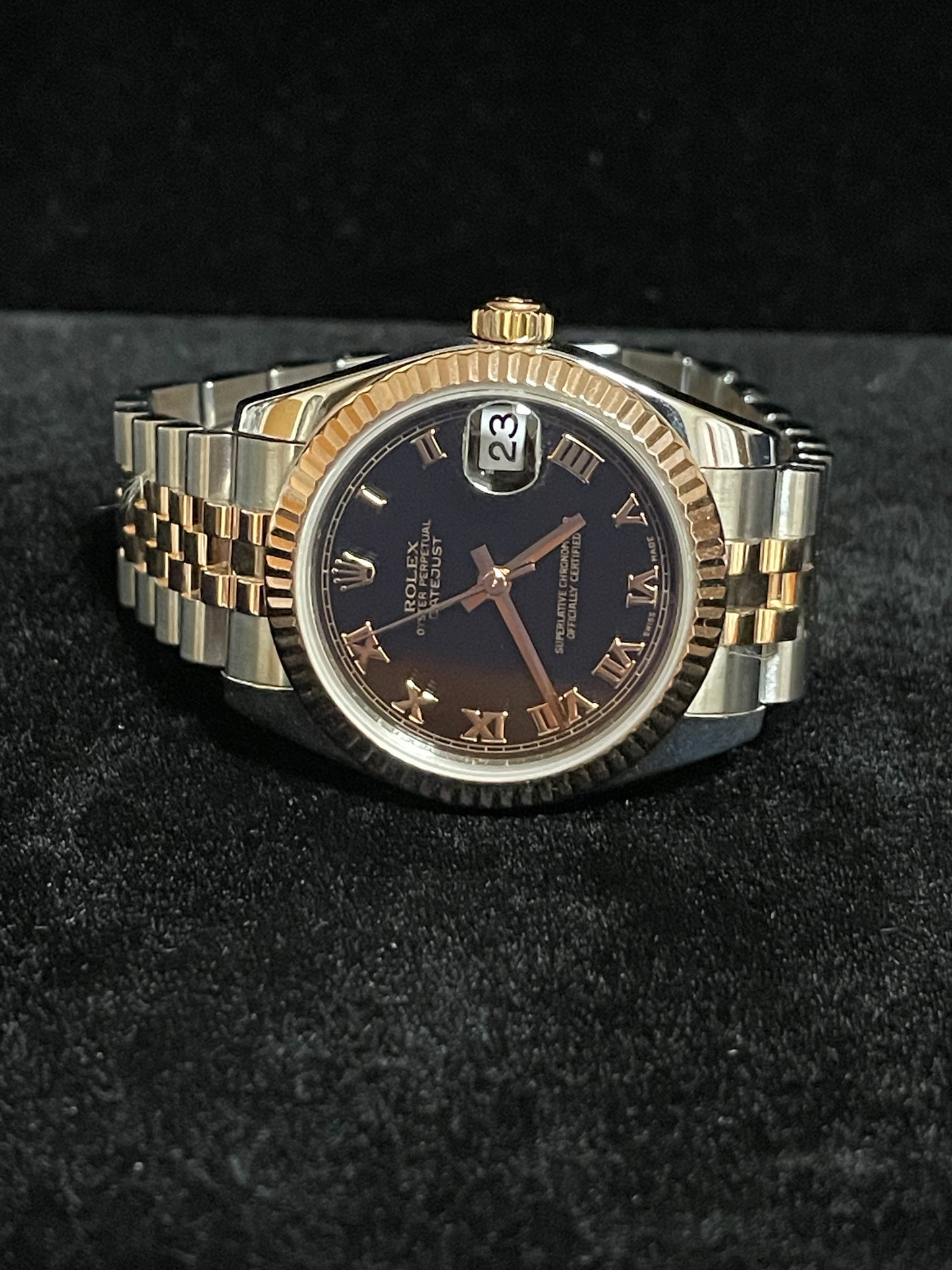OH 2010 Rolex Datejust Midsize 178271 Black Roman TT 18kt Rose Jubilee Papers 31mm
