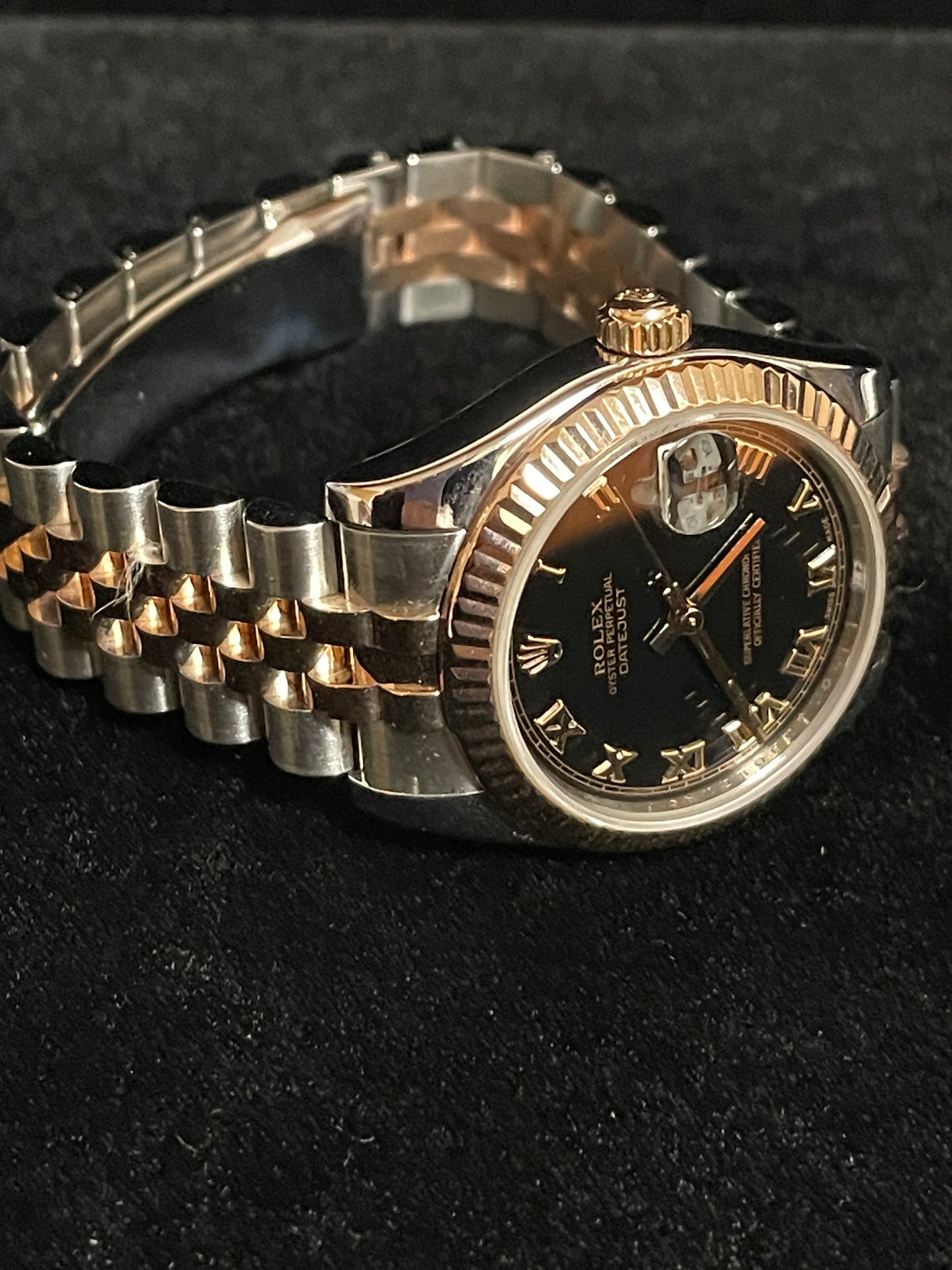OH 2010 Rolex Datejust Midsize 178271 Black Roman TT 18kt Rose Jubilee Papers 31mm