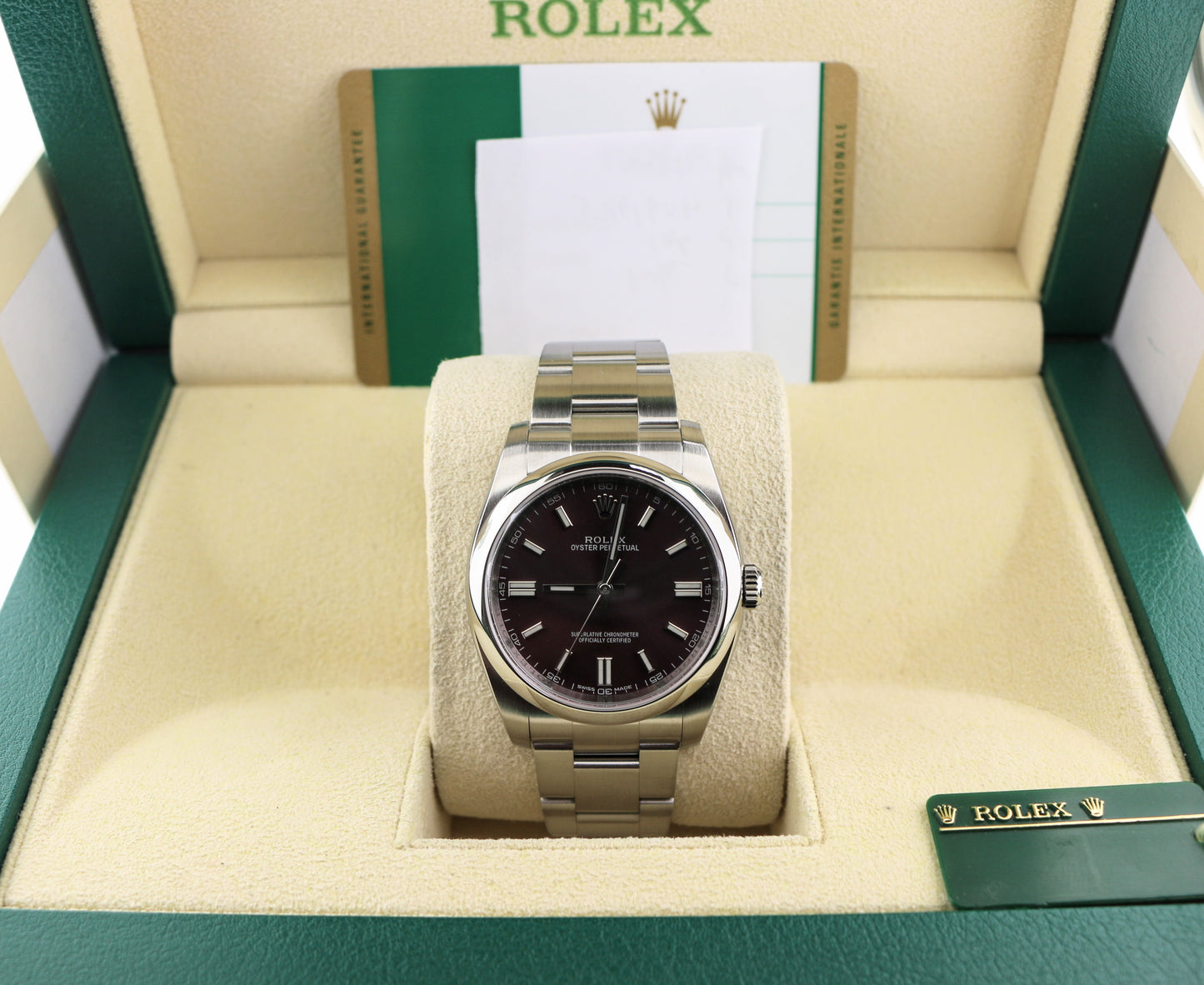 2015 Rolex Oyster Perpetual 116000 Red Grape Purple Dial SS Oyster Papers 36mm
