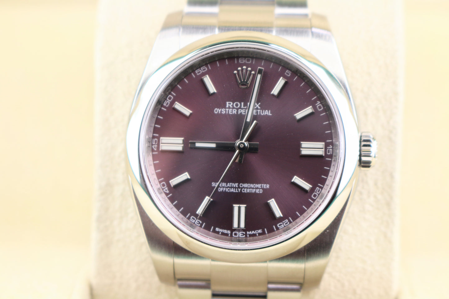 2015 Rolex Oyster Perpetual 116000 Red Grape Purple Dial SS Oyster Papers 36mm