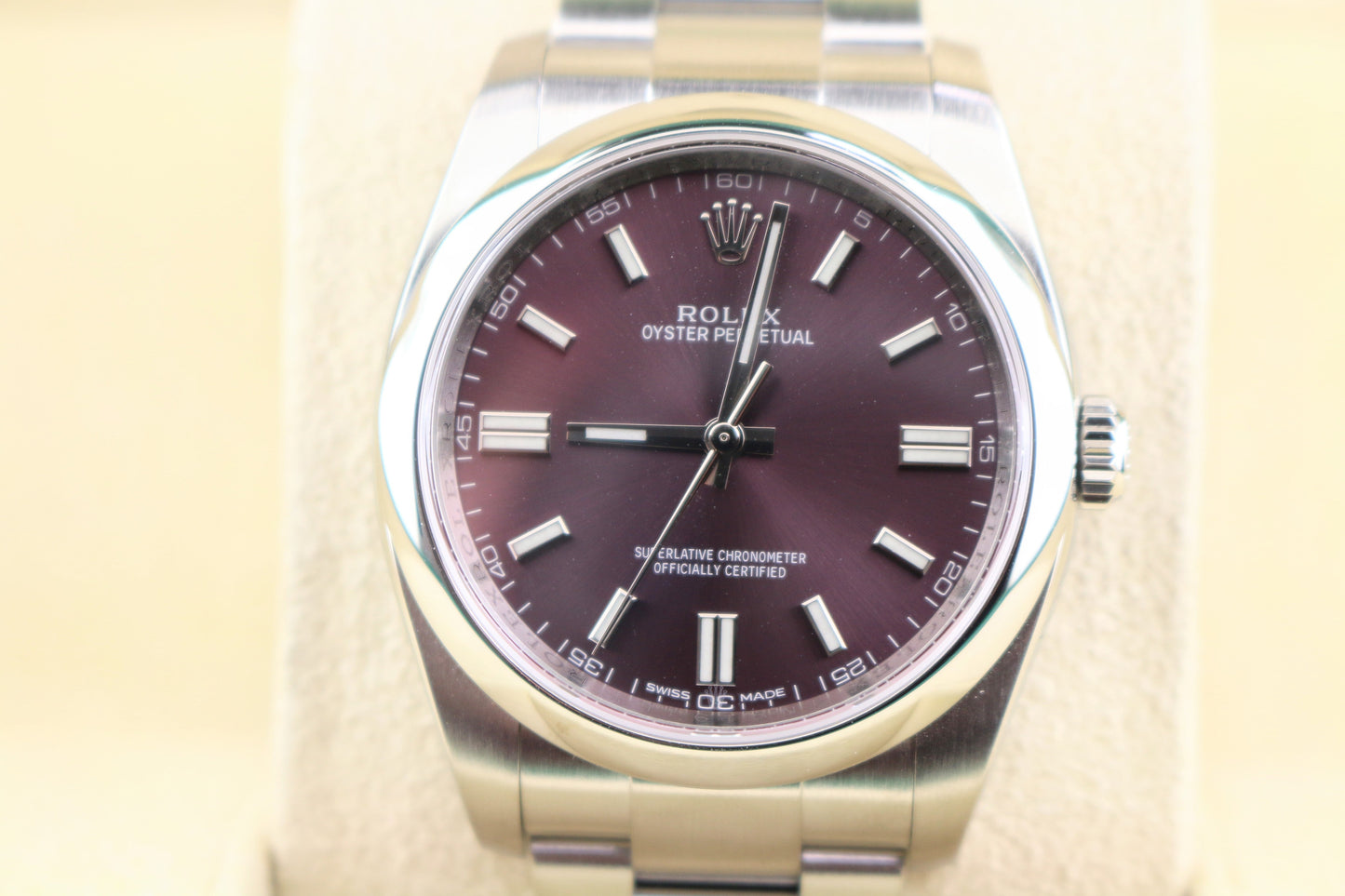 2015 Rolex Oyster Perpetual 116000 Red Grape Purple Dial SS Oyster Papers 36mm