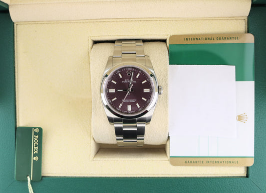 2015 Rolex Oyster Perpetual 116000 Red Grape Purple Dial SS Oyster Papers 36mm