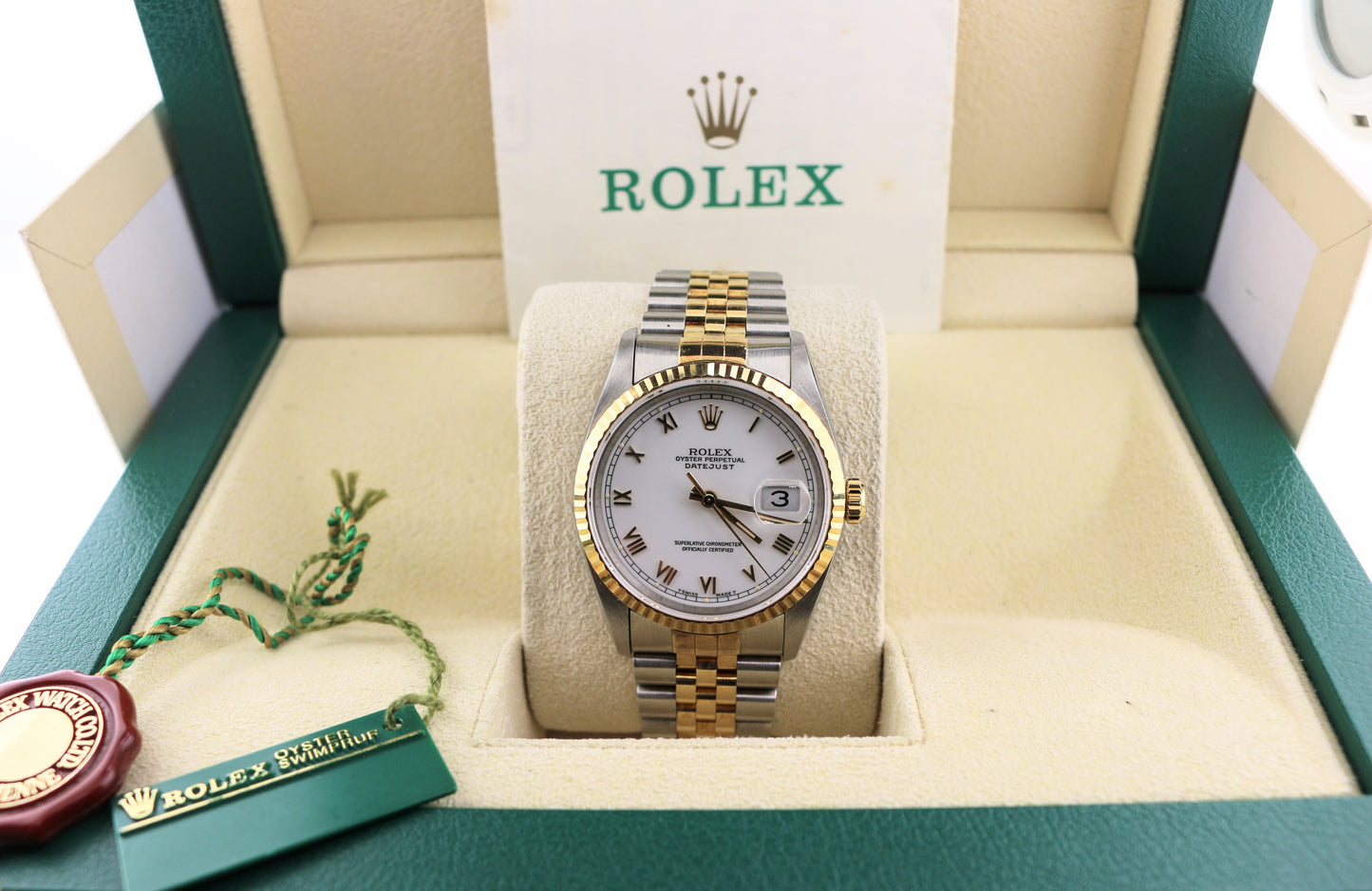 1993 Rolex Datejust 16233 White Roman Dial TT 18kt Jubilee With Papers 36mm