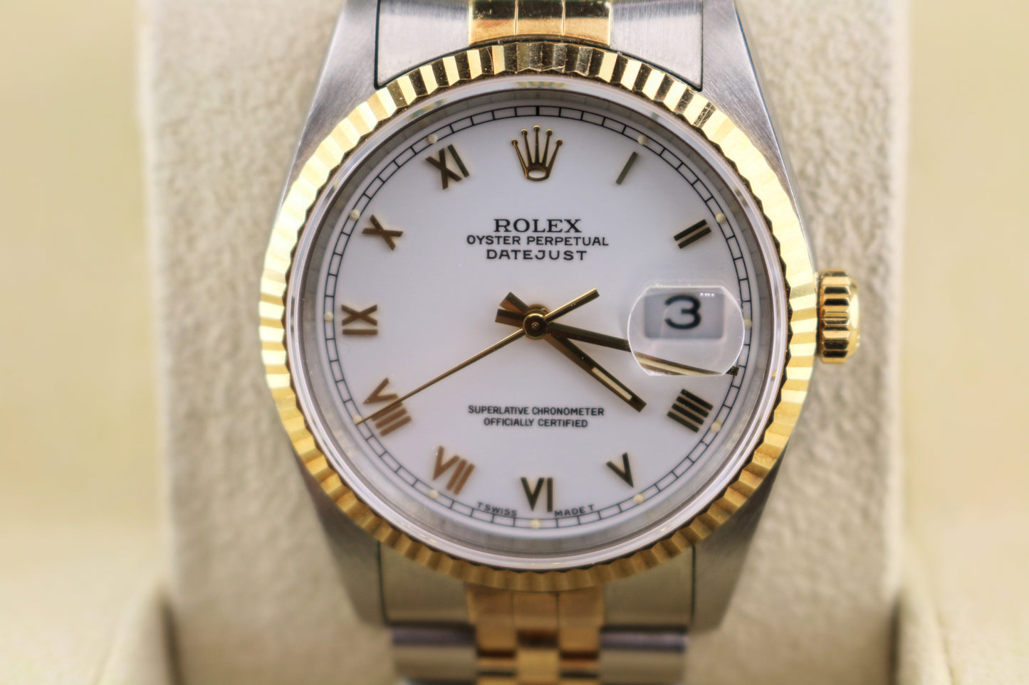 1993 Rolex Datejust 16233 White Roman Dial TT 18kt Jubilee With Papers 36mm