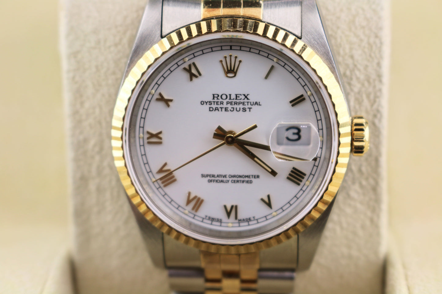 1993 Rolex Datejust 16233 White Roman Dial TT 18kt Jubilee With Papers 36mm