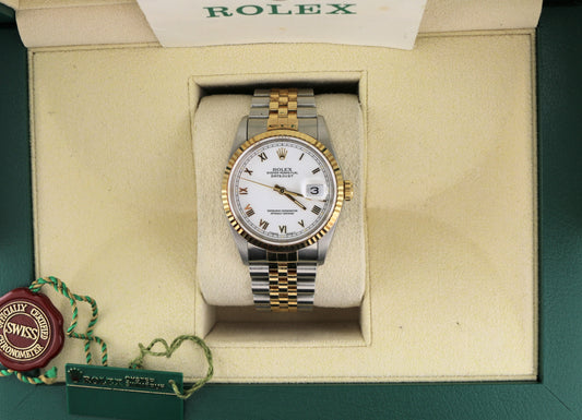 1993 Rolex Datejust 16233 White Roman Dial TT 18kt Jubilee With Papers 36mm